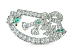Antique Art Deco 1920s 5.00 Carat Diamond Brooch with Emeralds