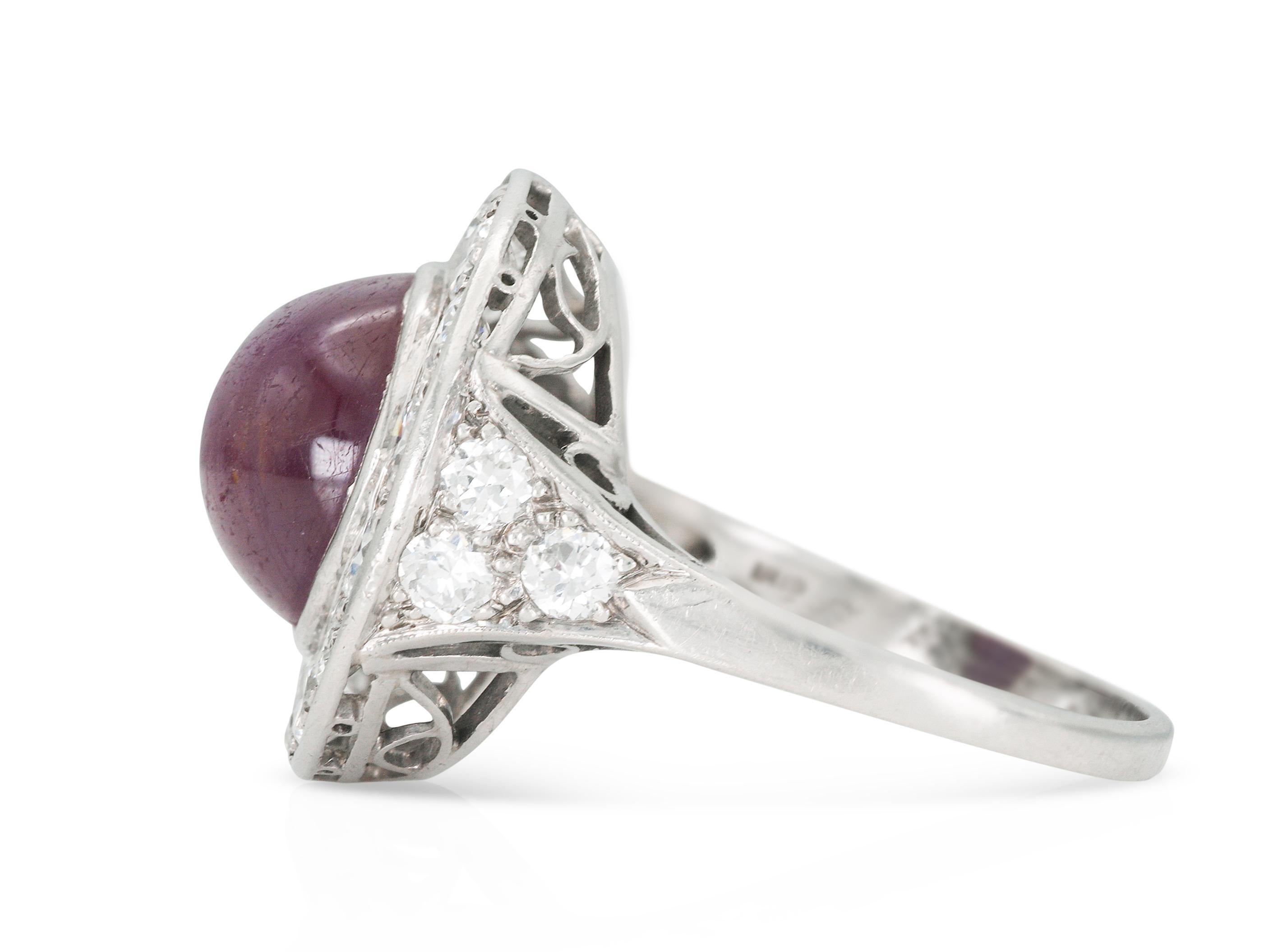 Cabochon Antique Art Deco 1920s 6.00 Carat Star Ruby and Diamond Halo Ring For Sale