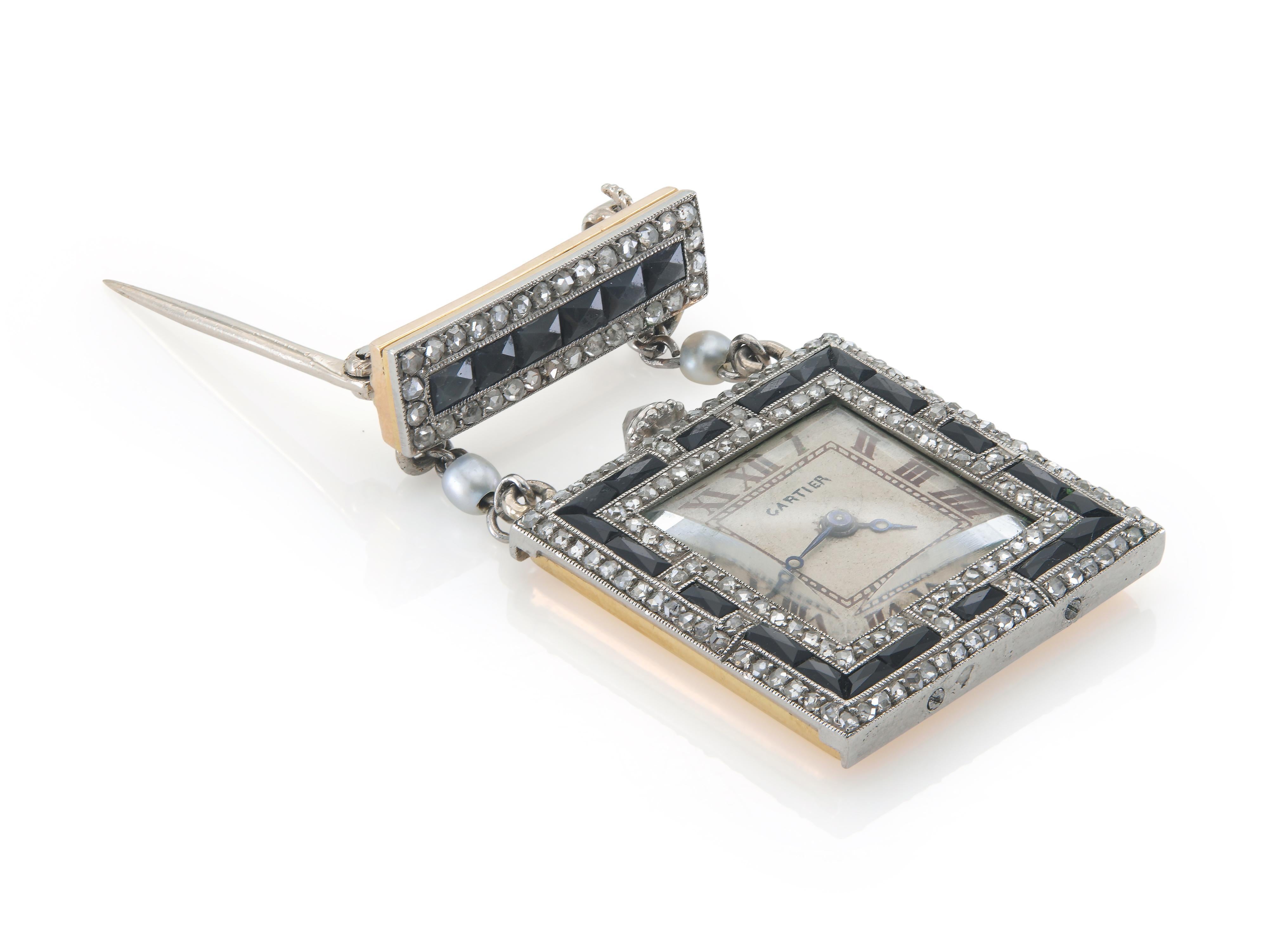 De las mujeres Antiguo Art Decó Años 20 Broche reloj Cartier de diamantes y ónice en venta