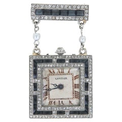 Antique Art Deco 1920s Cartier Diamond and Onyx Watch Brooch