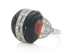 Antique Art Deco 1920s Carved Black Onyx and Coral Ring with Diamonds