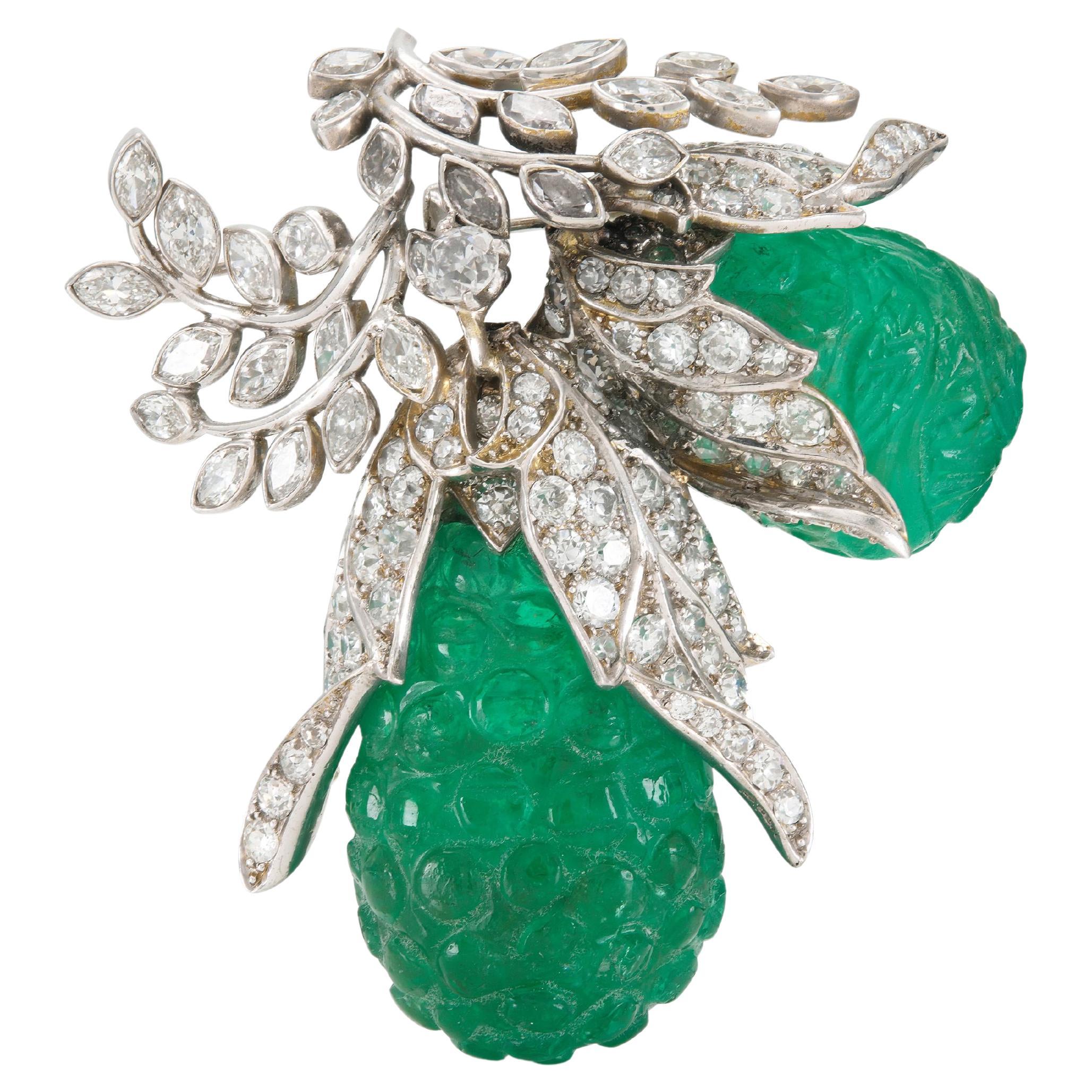 Antique Art Deco 1920s Carved Emerald & Diamond Fruit Brooch