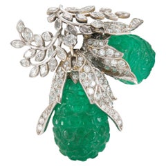 Antique Art Deco 1920s Carved Emerald & Diamond Fruit Brooch