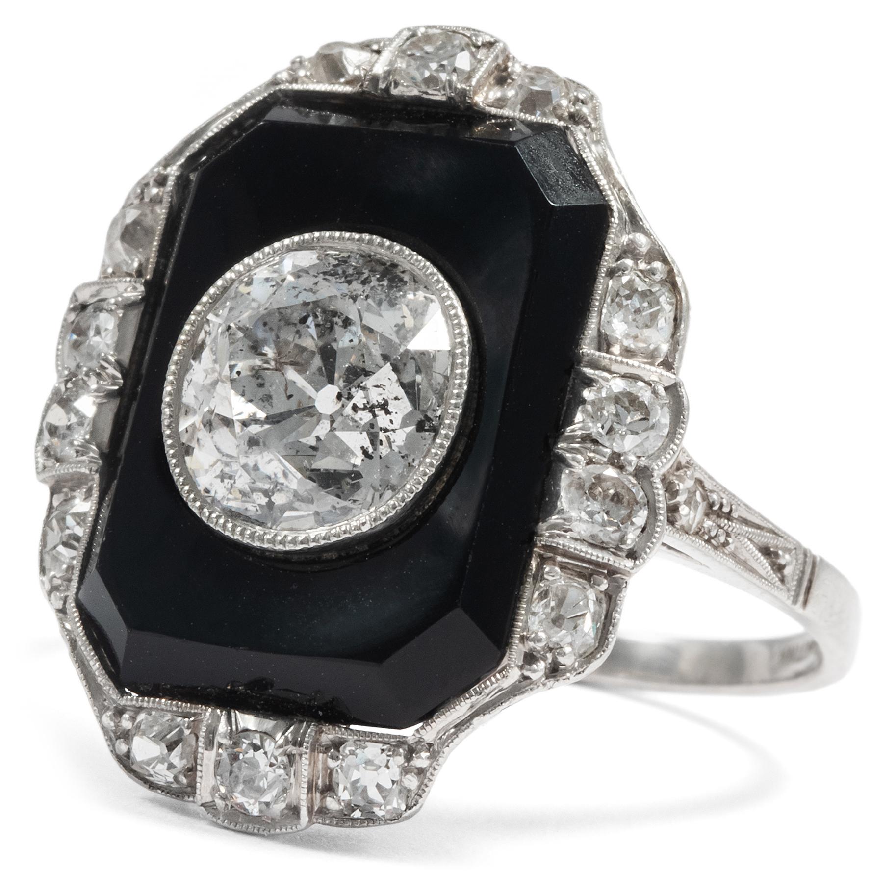 Old European Cut Antique Art Deco 1920s, Certified 3.10 Carat Diamond Onyx Platinum Dinner Ring For Sale