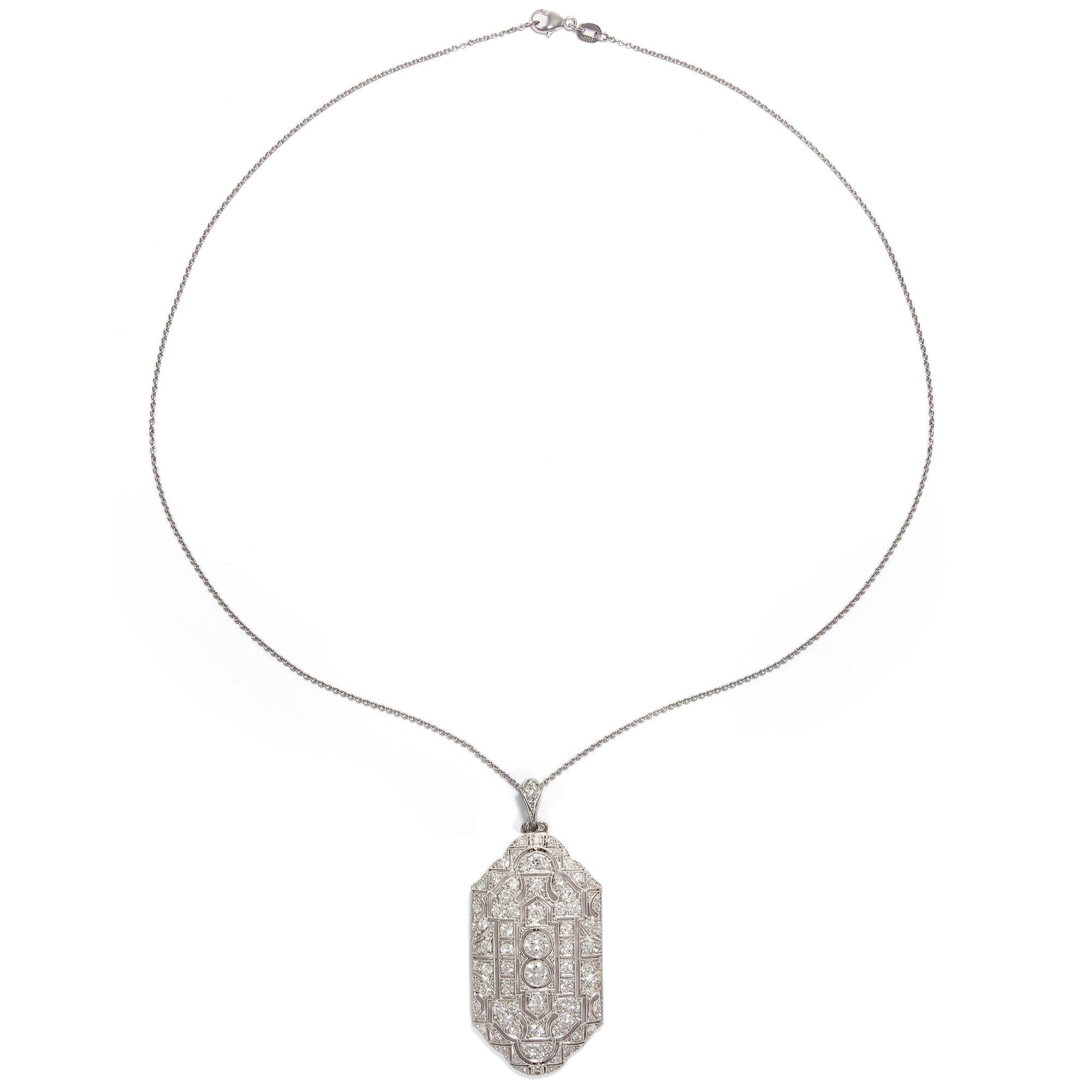 Women's or Men's Antique Art Deco 1920s Certified 5.17 Carat Diamond Platinum Pendant Necklace For Sale