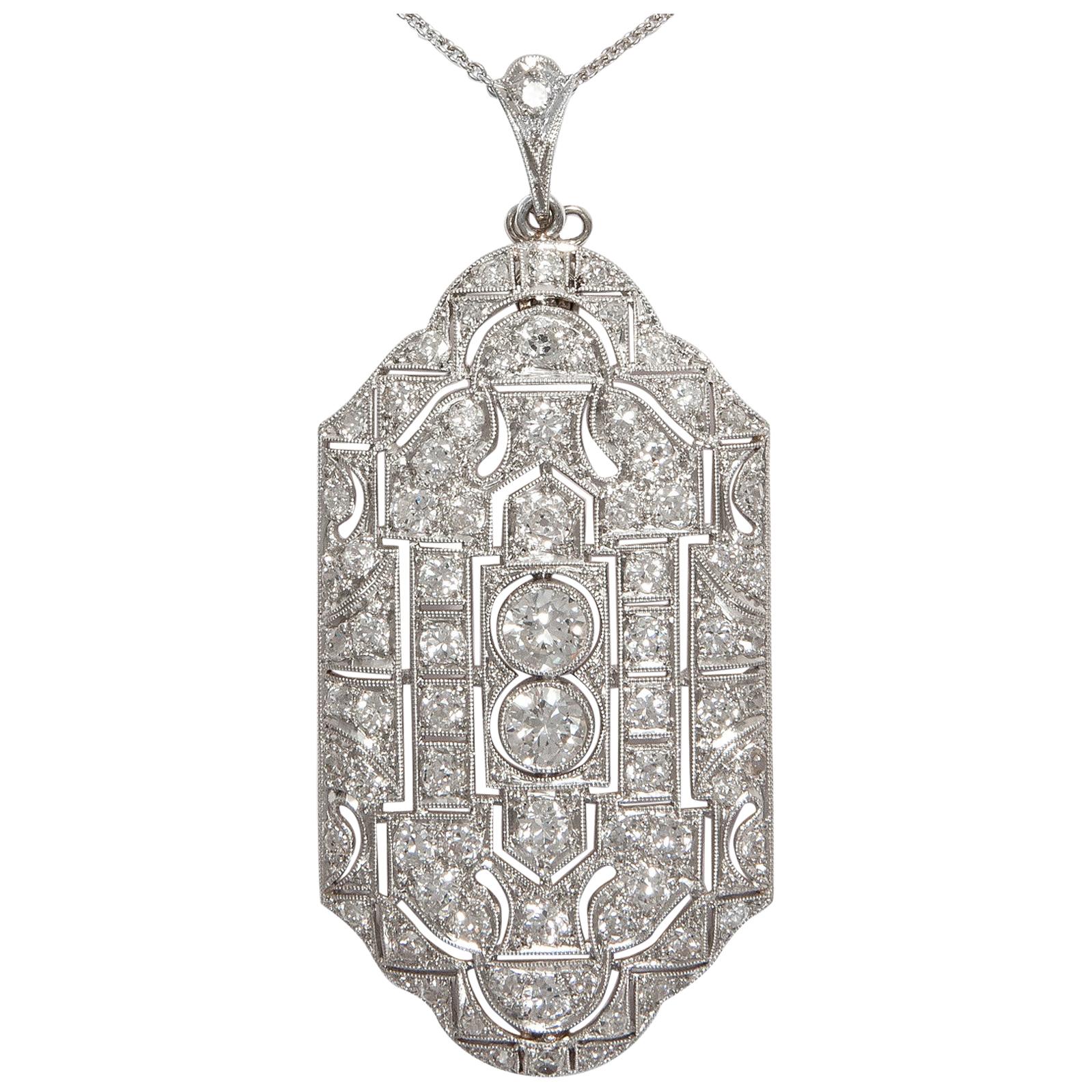 Antique Art Deco 1920s Certified 5.17 Carat Diamond Platinum Pendant Necklace For Sale