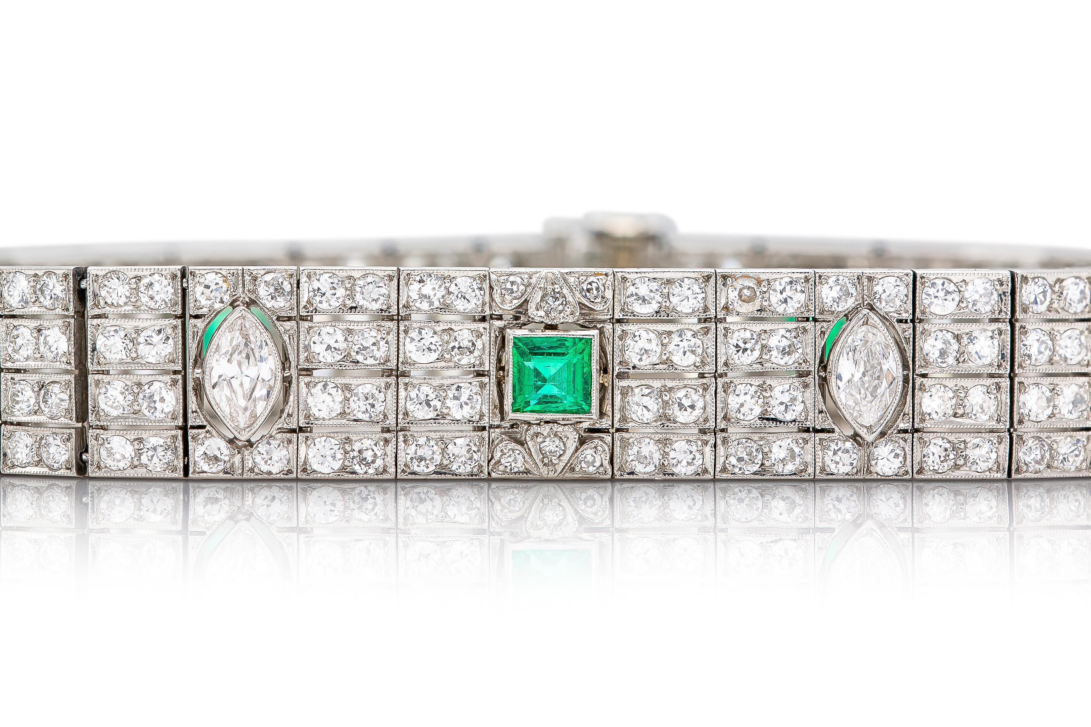 Marquise Cut Antique Art Deco 1920s Diamond Bracelet with Emeralds For Sale
