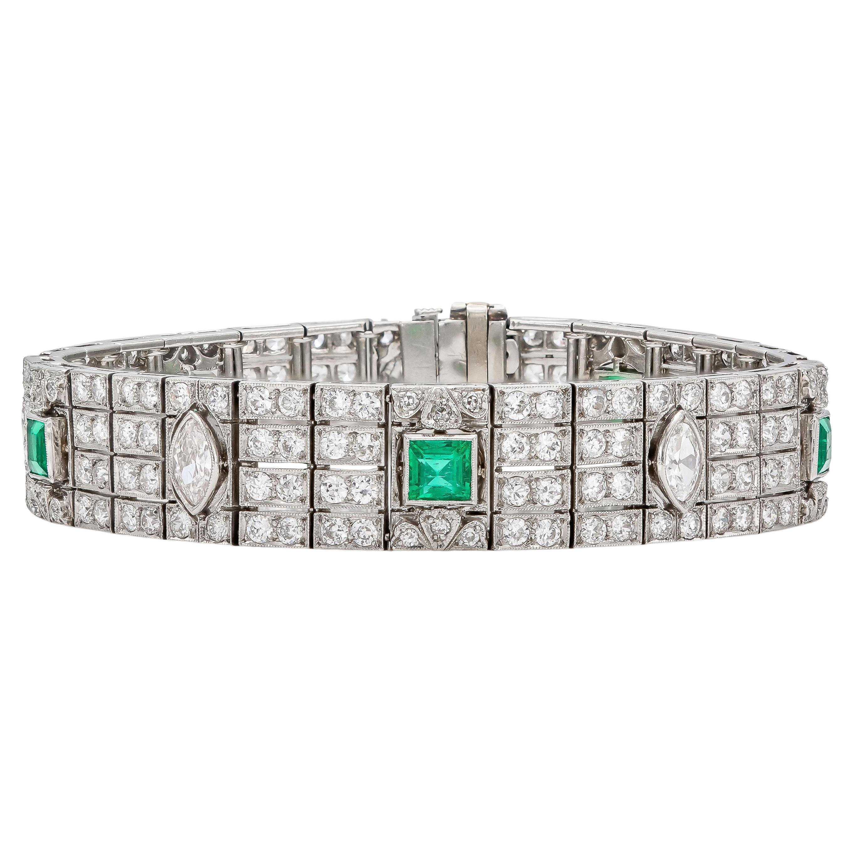 Antique Art Deco 1920s Diamond Bracelet with Emeralds For Sale