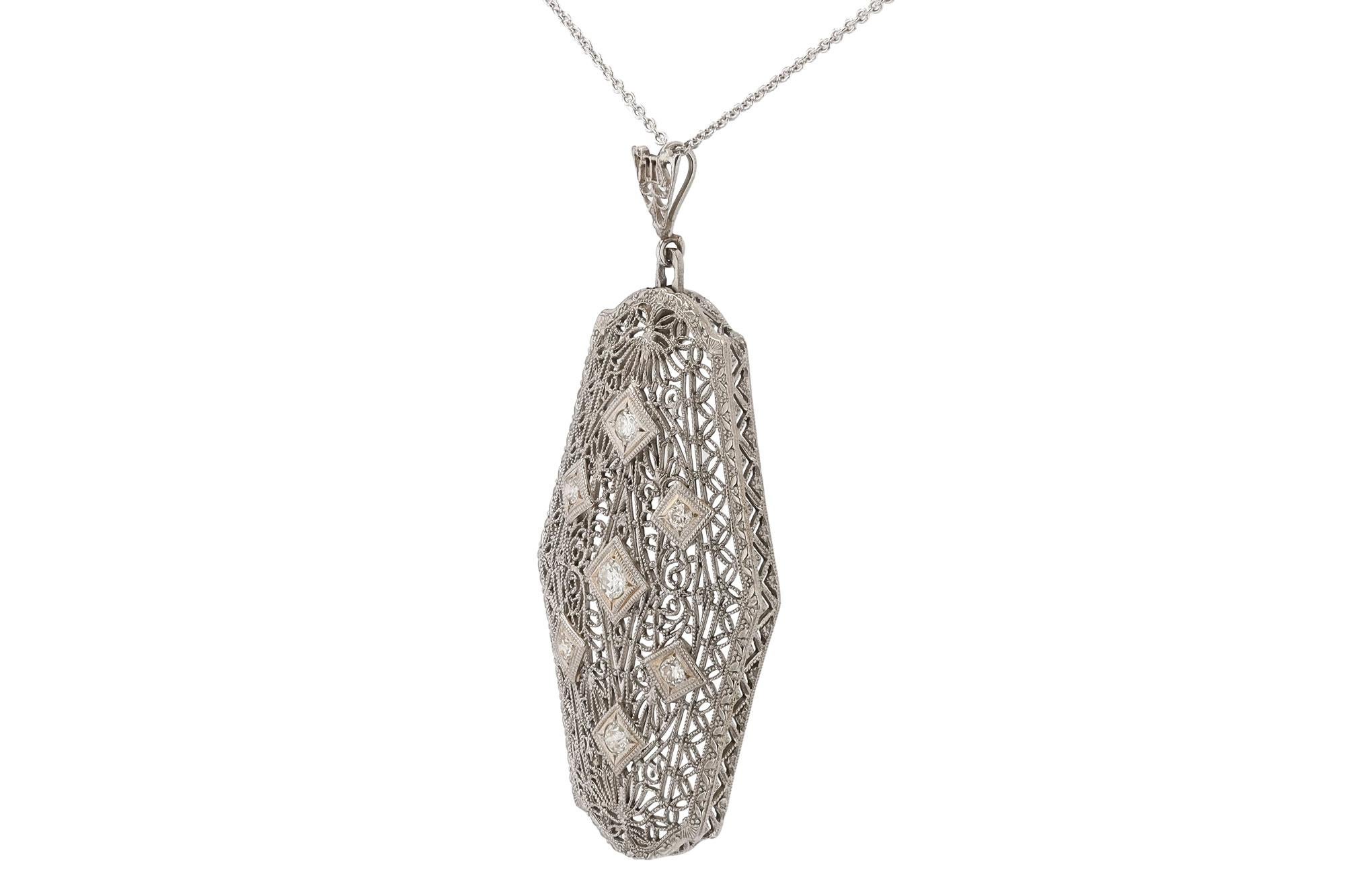Antique Art Deco 1920s Filigree 7 Diamond Pendant Necklace In Good Condition For Sale In Santa Barbara, CA