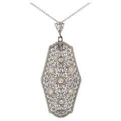 Antique Art Deco 1920s Filigree 7 Diamond Pendant Necklace