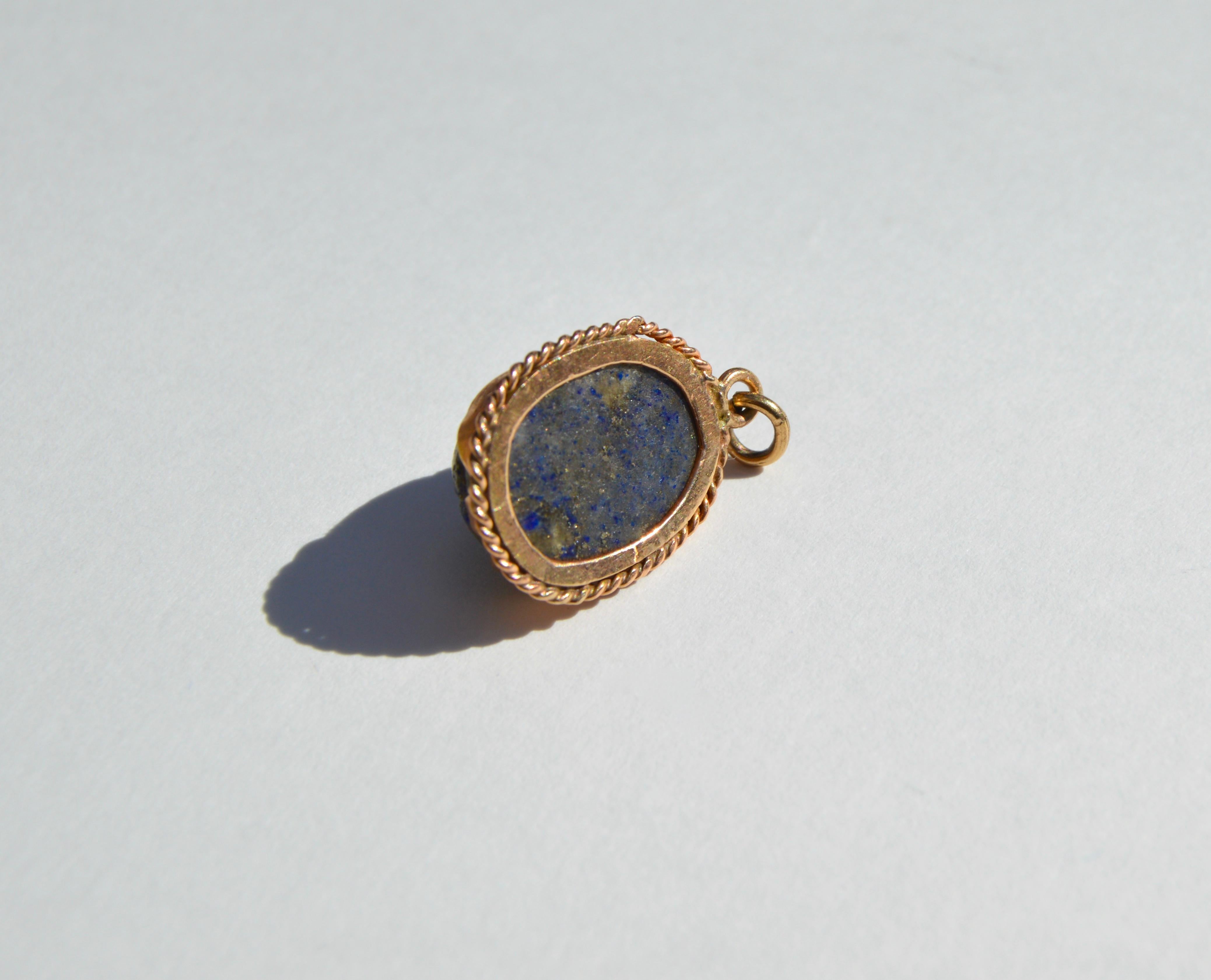 Women's or Men's Antique Art Deco 1920s Lapis Lazuli 14 Karat Rose Gold Scarab Beetle Charm