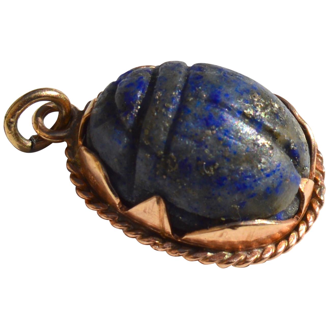 Antique Art Deco 1920s Lapis Lazuli 14 Karat Rose Gold Scarab Beetle Charm