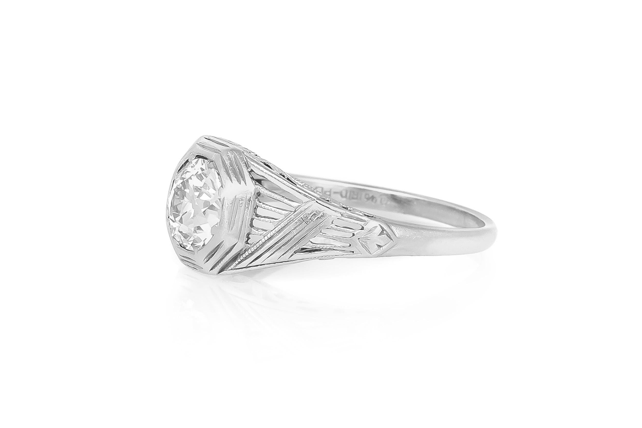 Finely crafted in platinum with an Old European cut Diamond weighing approximately 1.00 carat, H color, VS clarity.
Circa 1920s
Size 6 1/2, resizable
