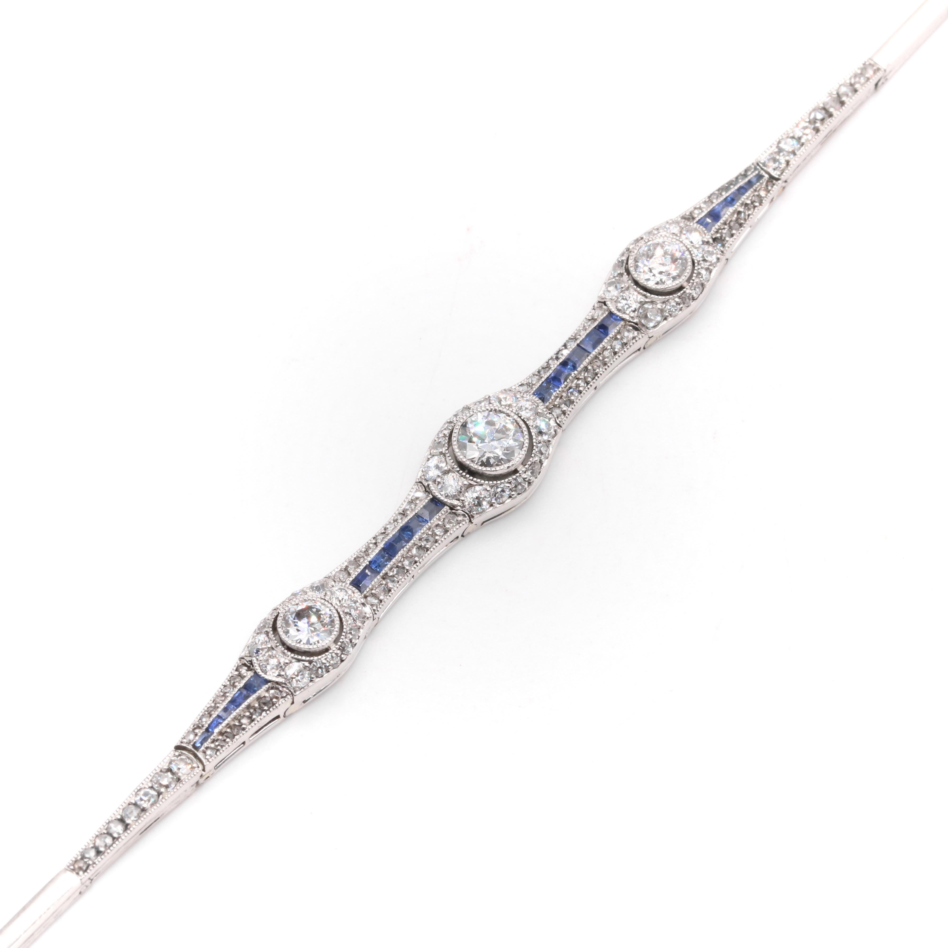 Antique Art Deco 1920s Platinum 1.96tgw Diamond and Sapphire Bracelet In Good Condition For Sale In Staines-Upon-Thames, GB