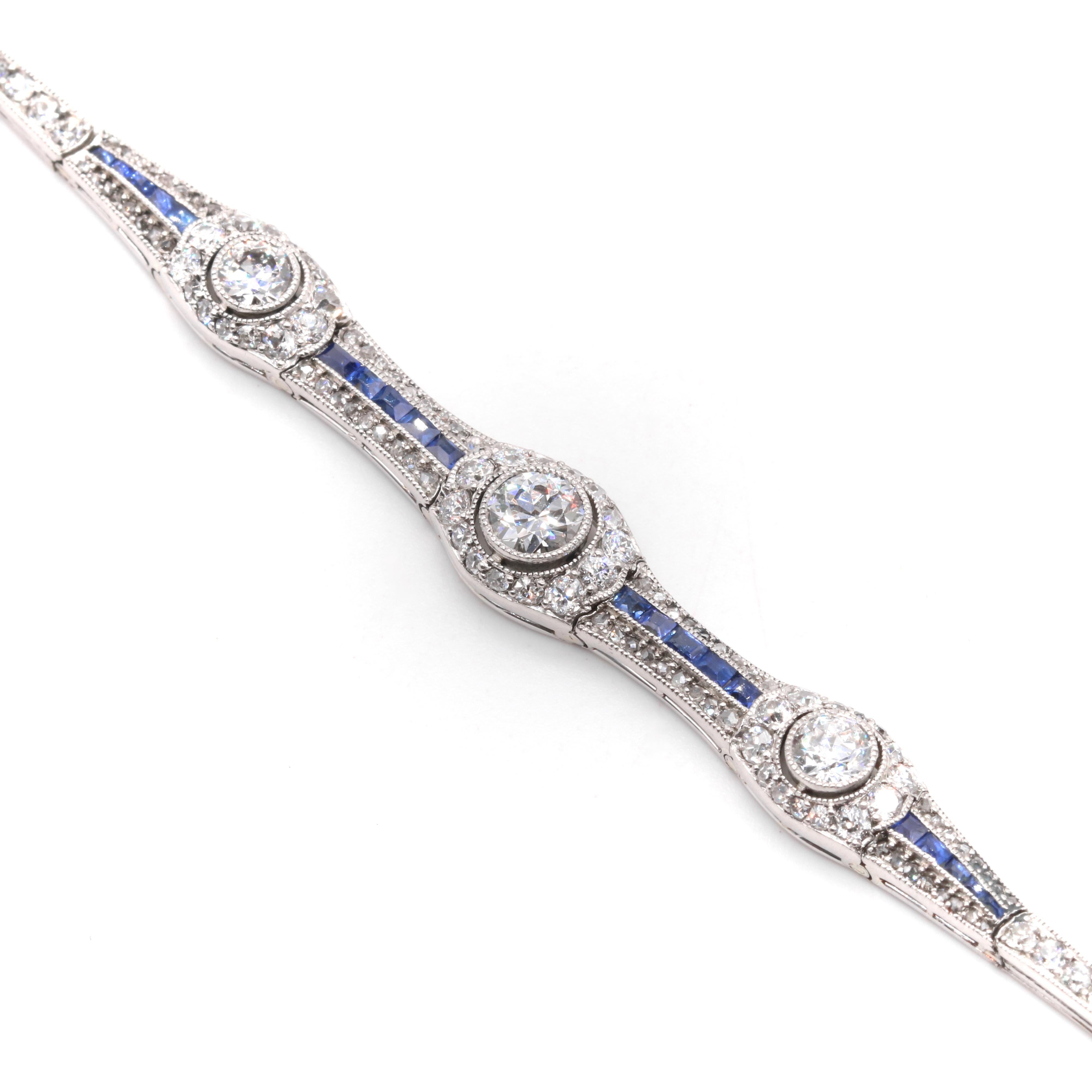 Women's or Men's Antique Art Deco 1920s Platinum 1.96tgw Diamond and Sapphire Bracelet For Sale