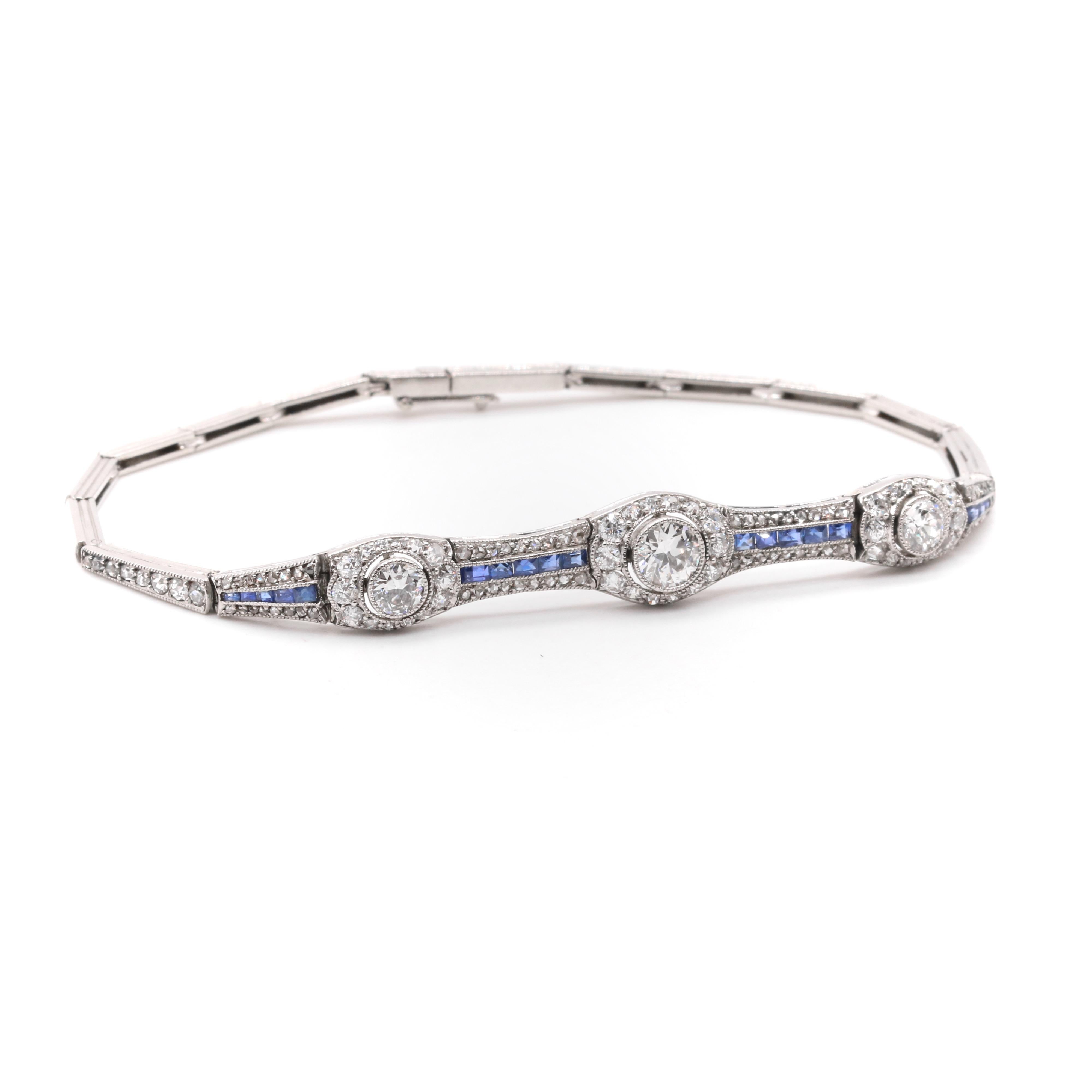 Antique Art Deco 1920s Platinum 1.96tgw Diamond and Sapphire Bracelet For Sale 1