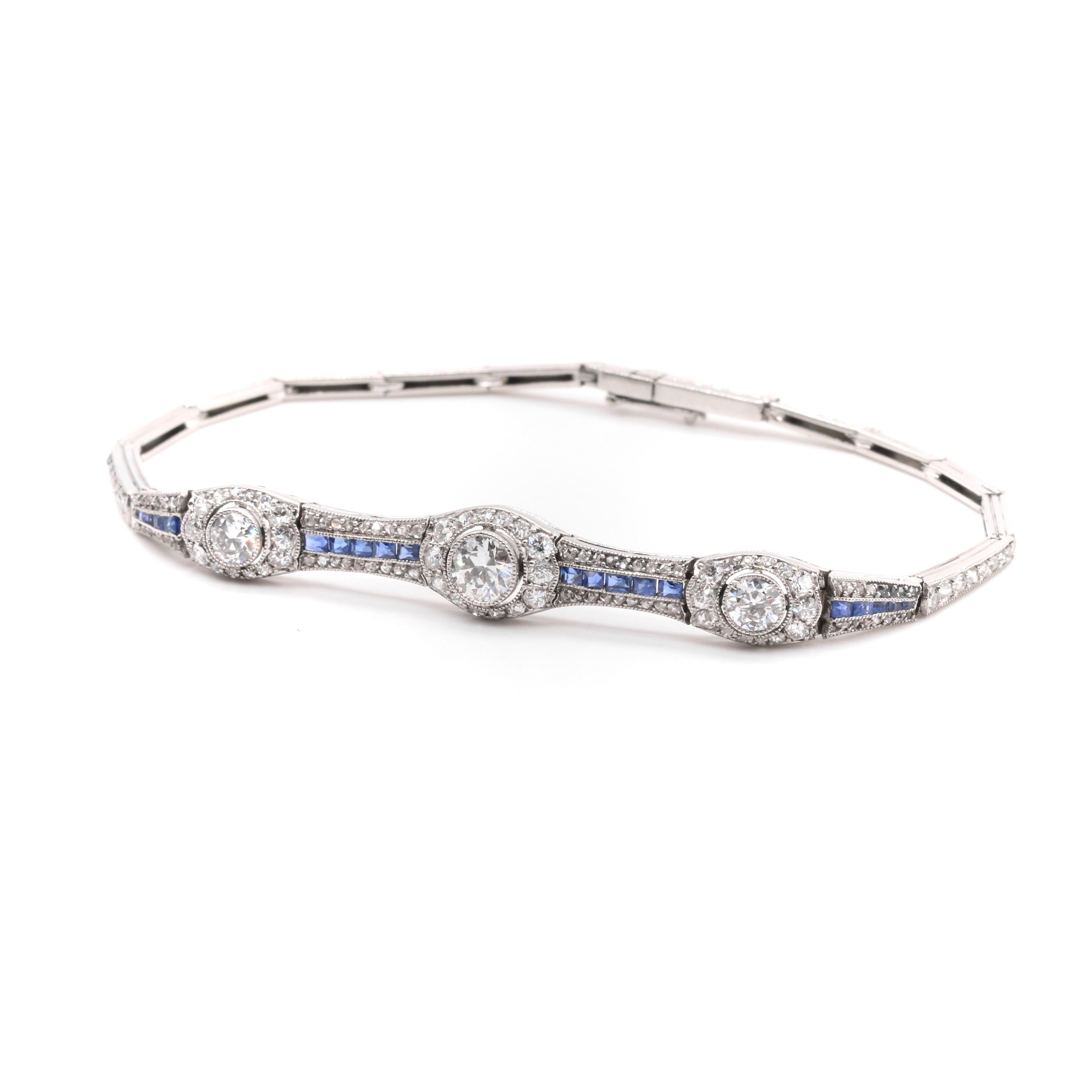 Antique Art Deco 1920s Platinum 1.96tgw Diamond and Sapphire Bracelet For Sale 2