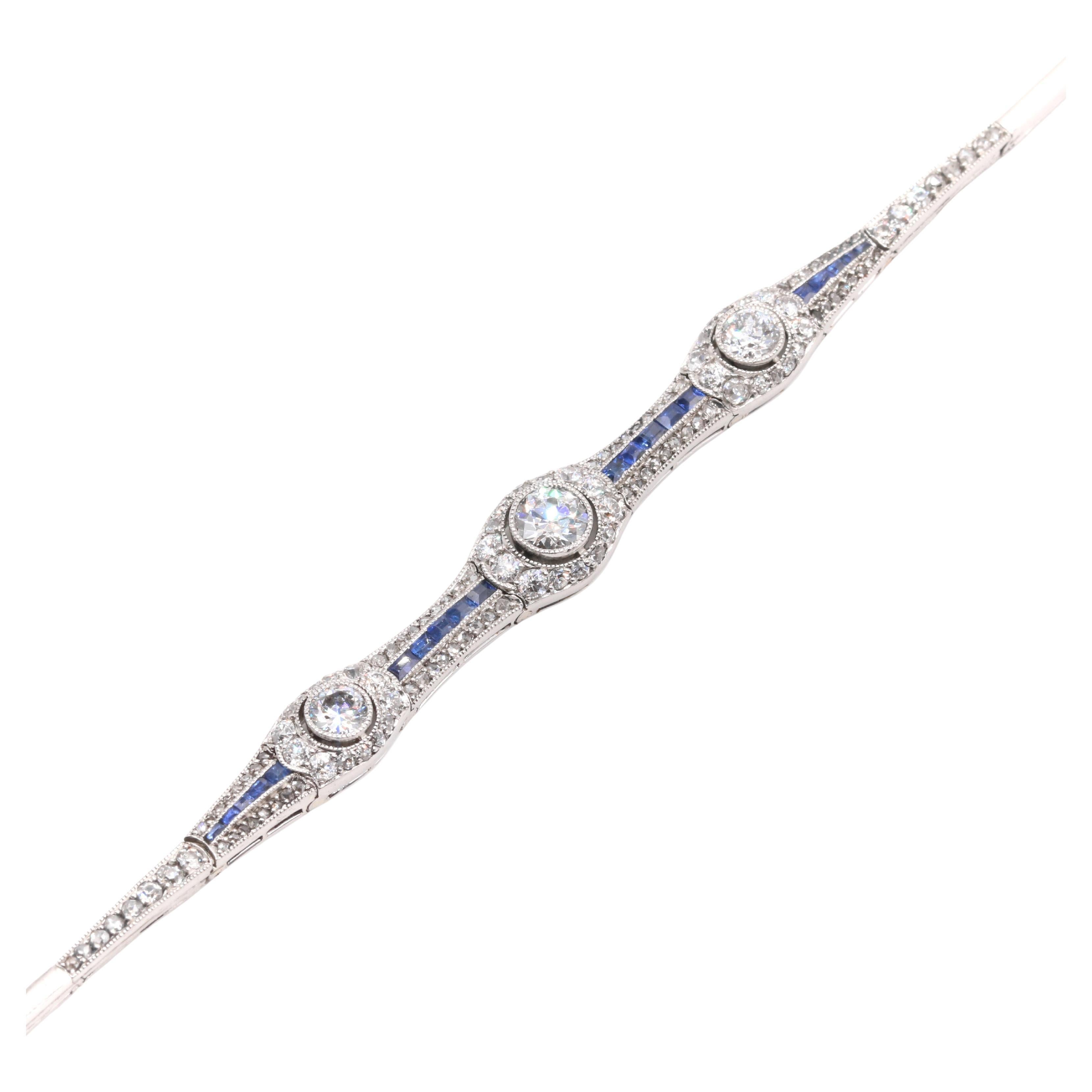 Antique Art Deco 1920s Platinum 1.96tgw Diamond and Sapphire Bracelet For Sale