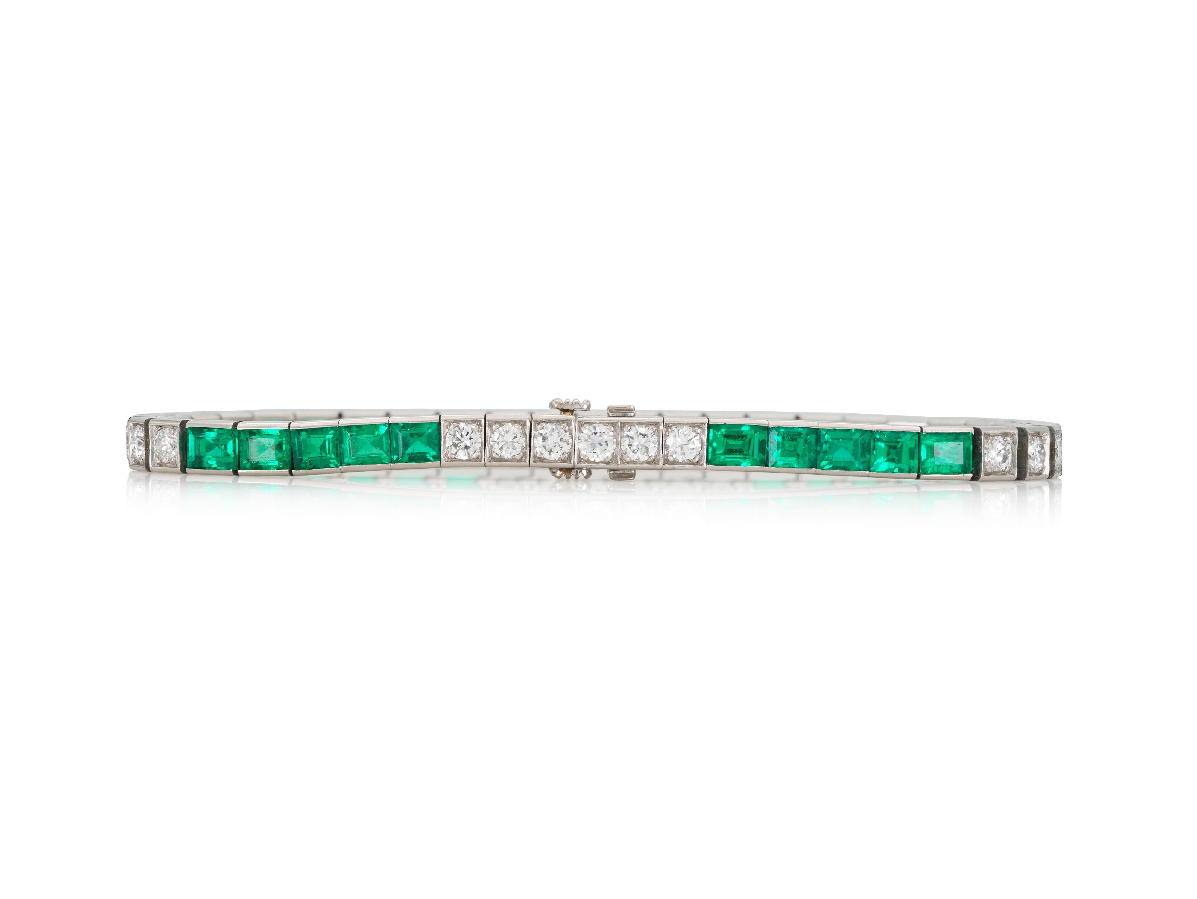 Old European Cut Antique Art Deco 1920s Tiffany & Co. Emerald & Diamond Line Bracelet For Sale