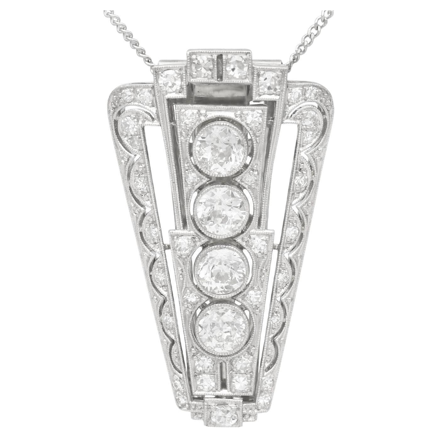 Antique Art Deco 1.92ct Diamond and 18ct White Gold Clip Brooch / Pendant For Sale