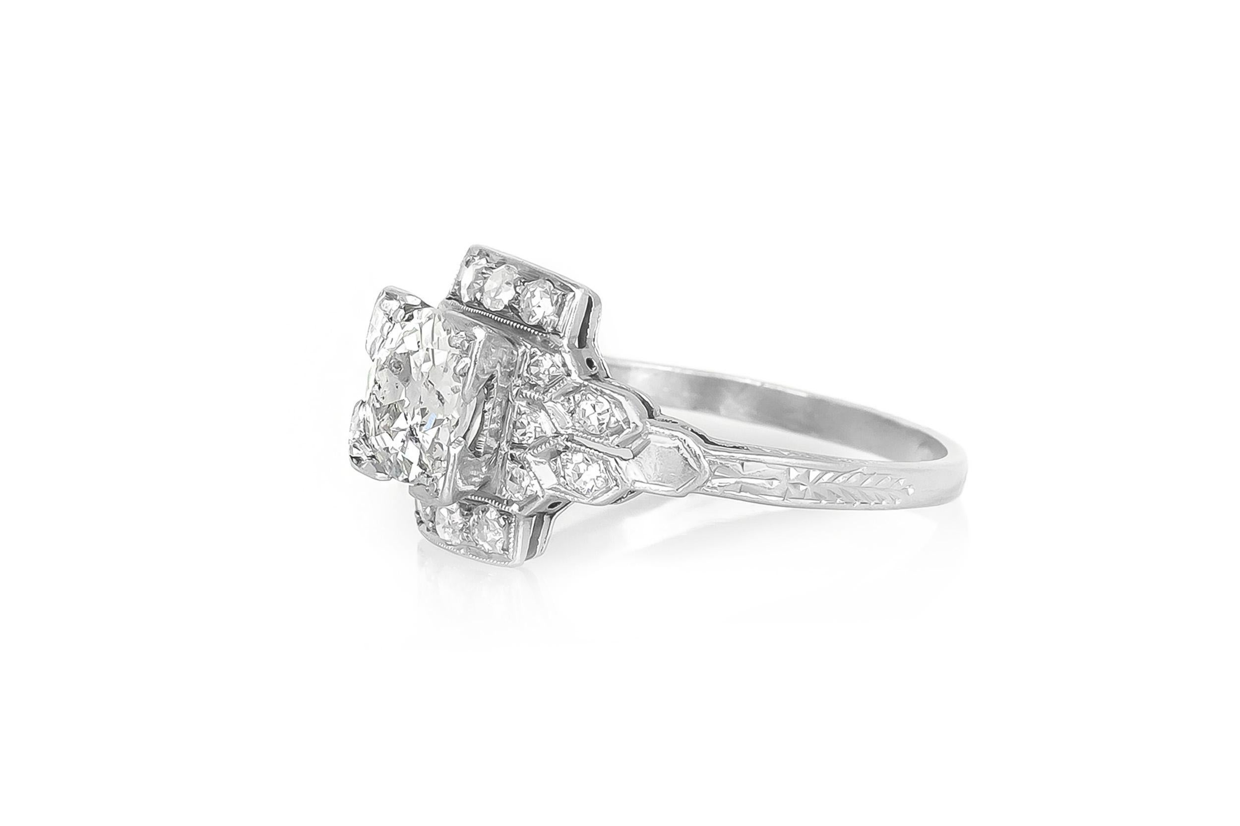 Finely crafted in platinum with an Old European cut Diamond at the center weighing approximately 0.95 carat, G color, SI clarity.
The ring features small Diamonds on the setting weighing a total of approximately 0.80 carat.
Circa 1930s
Size 8,