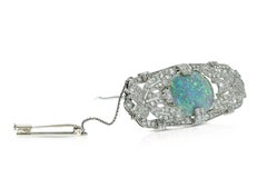 Antique Art Deco 1930s 10.00 Carat Australian Black Opal Brooch with Diamonds