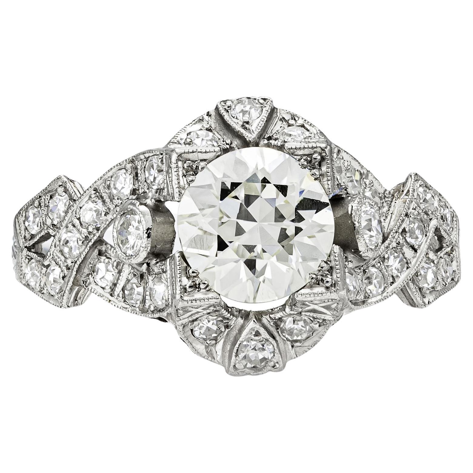 Antiker Art Deco 1930er Jahre 1,20 Karat Diamant Verlobungsring mit europäischem Schliff im Angebot