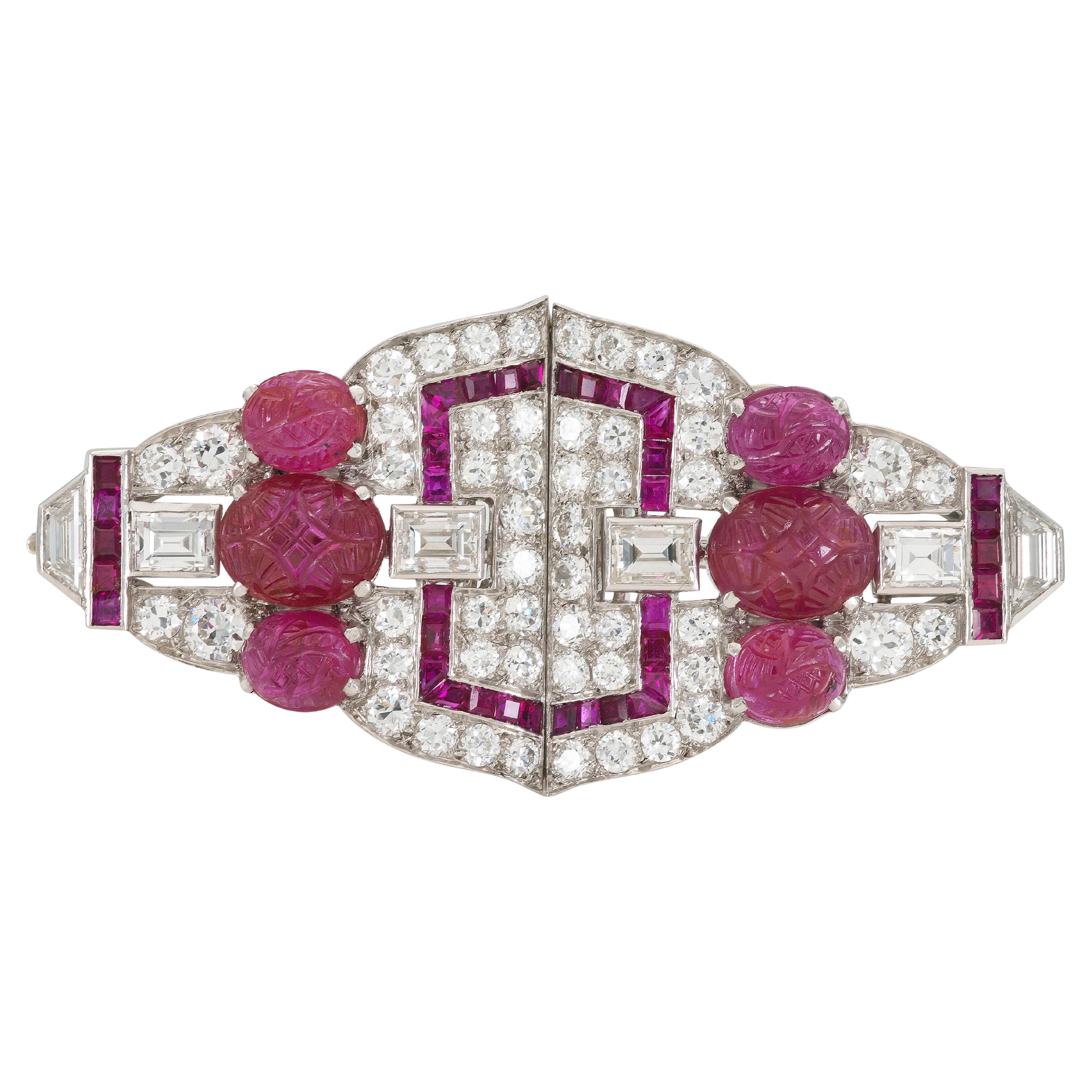 Antique Art Deco 1930s 12.00 Carat Ruby & 7.40 Carat Diamond Double Clip Brooch
