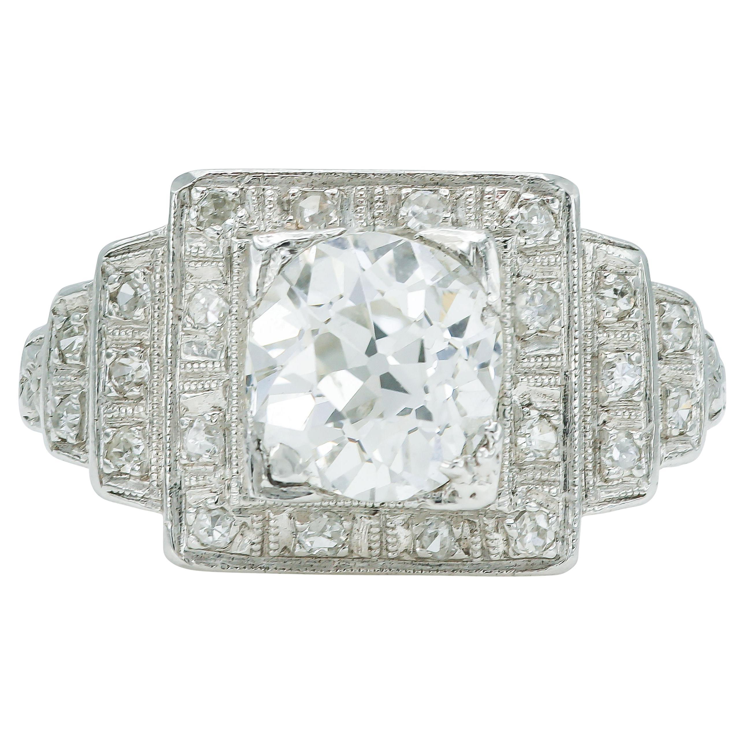 Anello di fidanzamento con diamante antico taglio europeo da 1,36 carati Art Deco 1930 in vendita