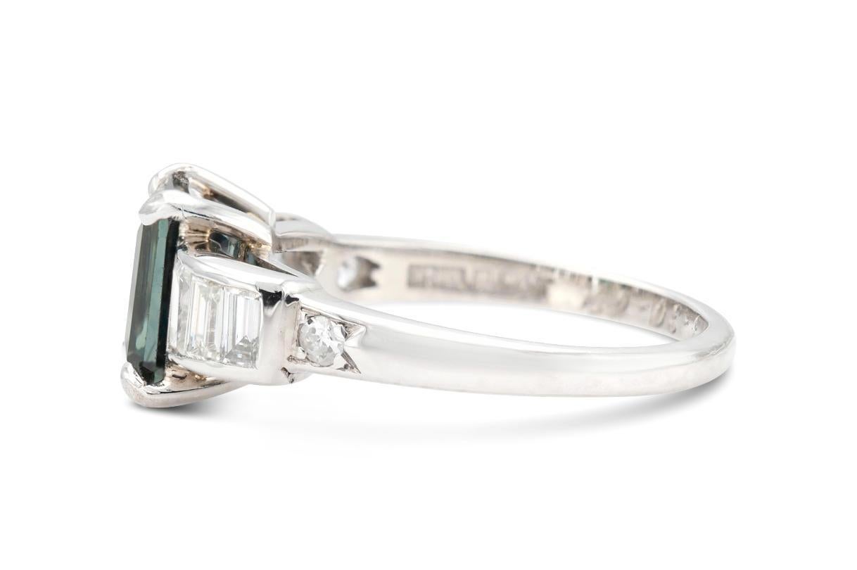 Emerald Cut Antique Art Deco 1930s 1.50 Carat Green Sapphire Ring with Diamonds For Sale