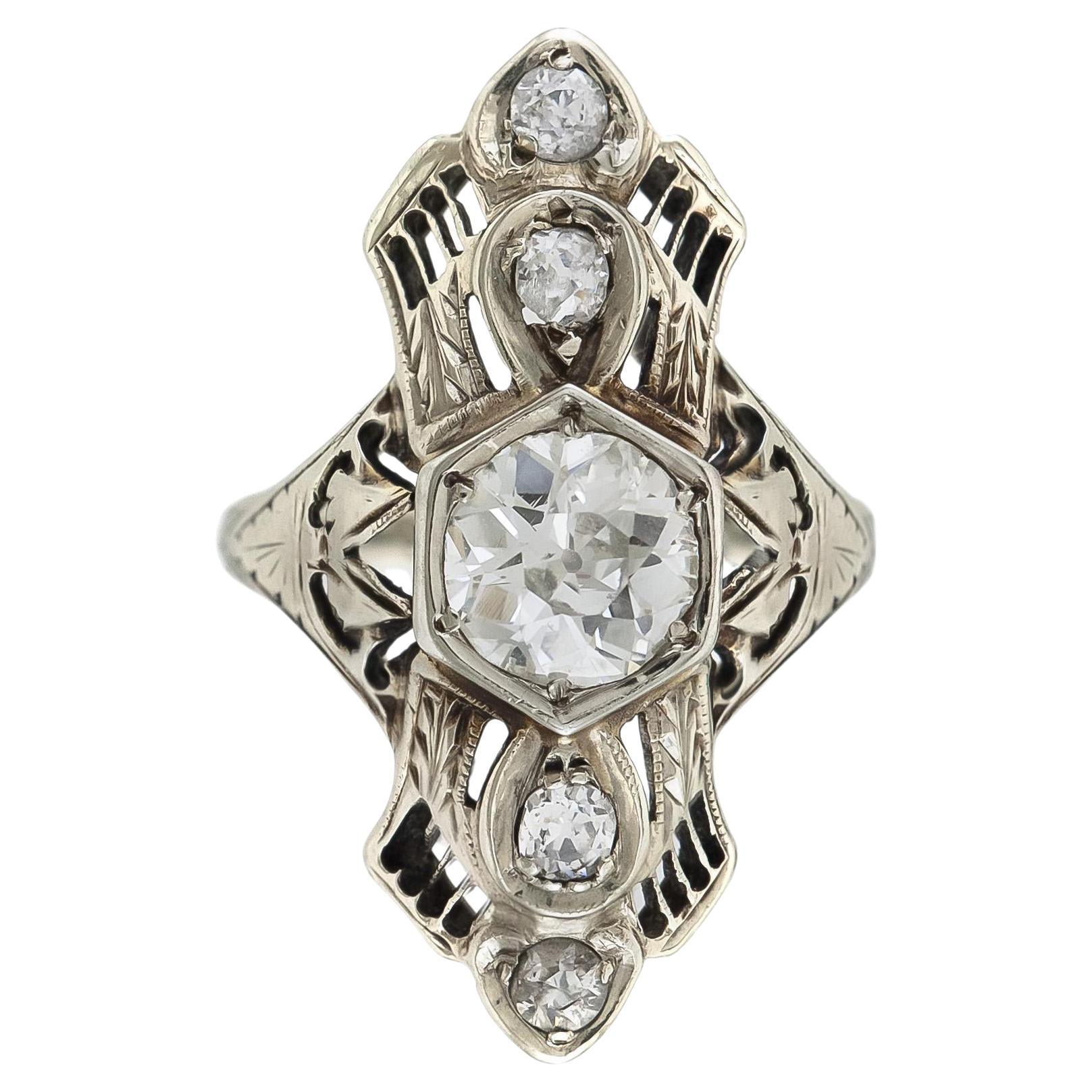Antiker Art Deco 1930er Jahre 1,50 Karat Alt Europäischer Schliff Diamant Dinner Ring