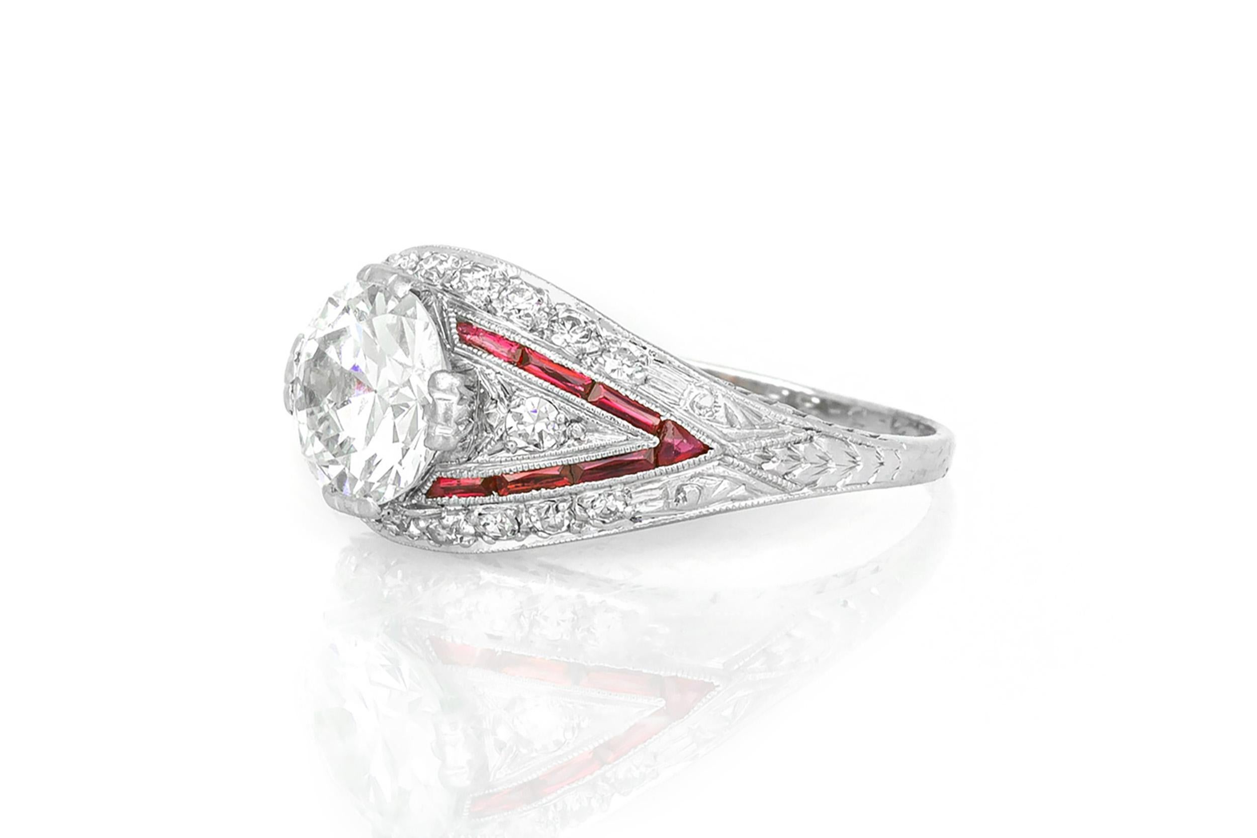 Finely crafted in platinum with an Old European cut Diamond weighing approximately 1.50 carats, G color, VS clarity, accented by Old European cut Diamonds and French cut Rubies.
Circa 1930s
Size 6 1/4, resizable