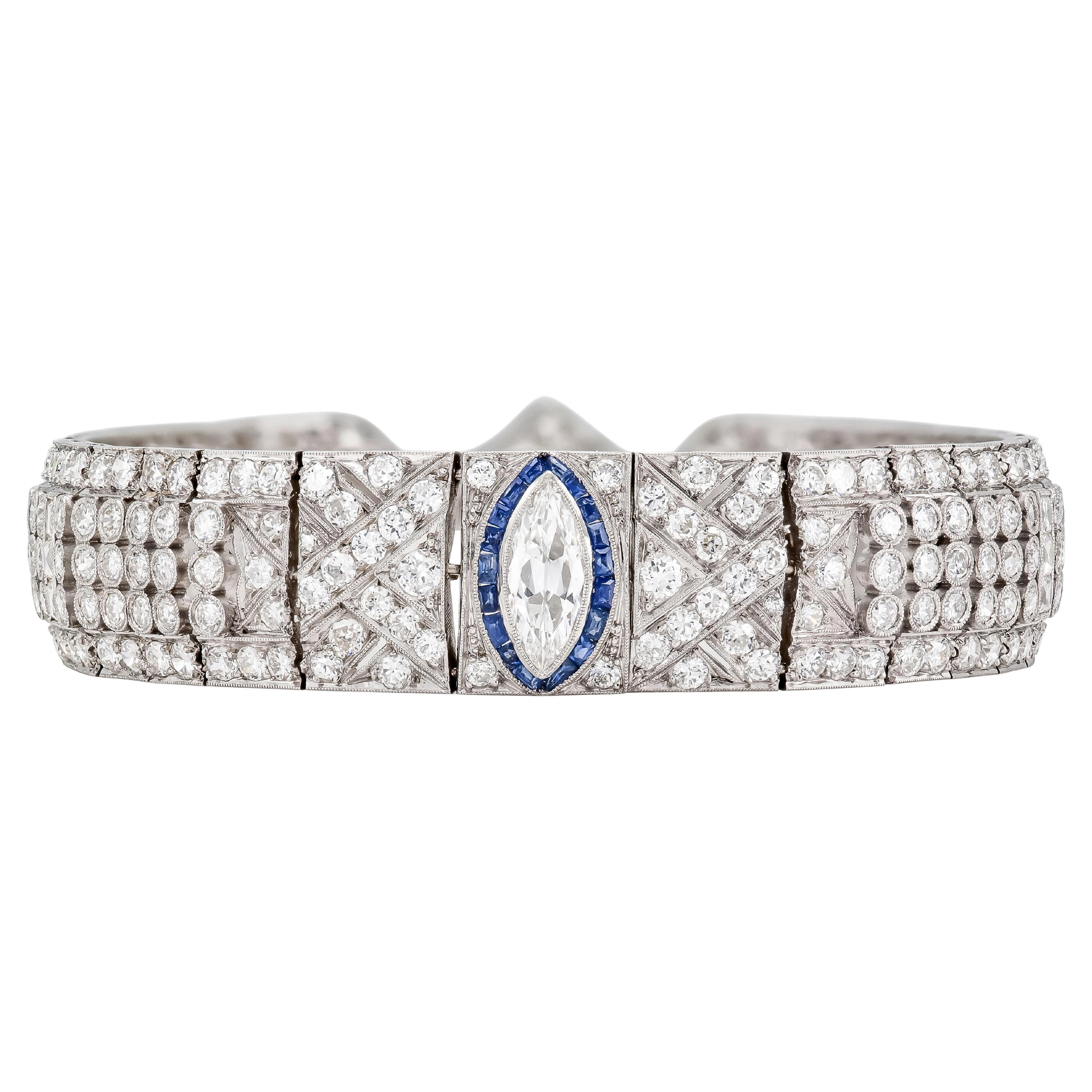 Antique Art Deco 1930s 18.00 Carat Diamond Bracelet with Sapphires