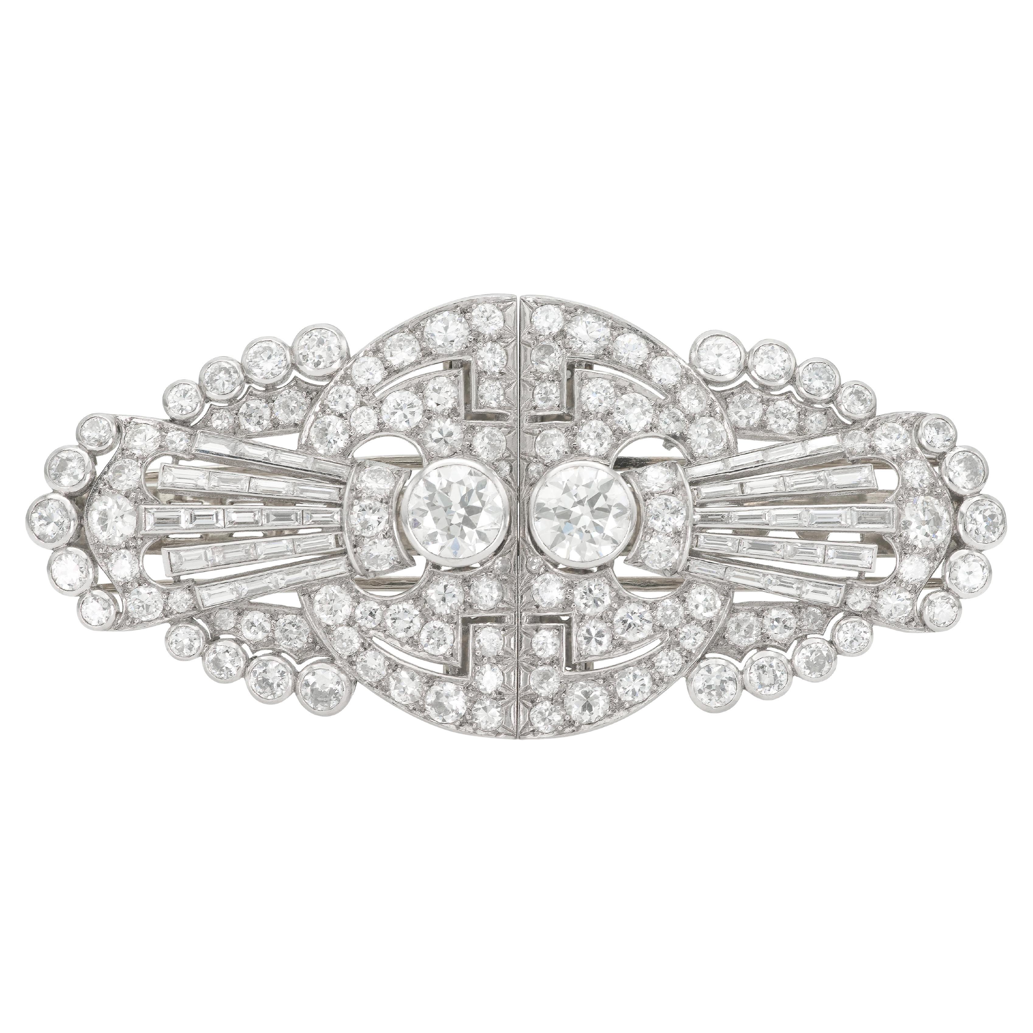Antique Art Deco 1930s 19.90 Carat Diamond Double Clip Brooch