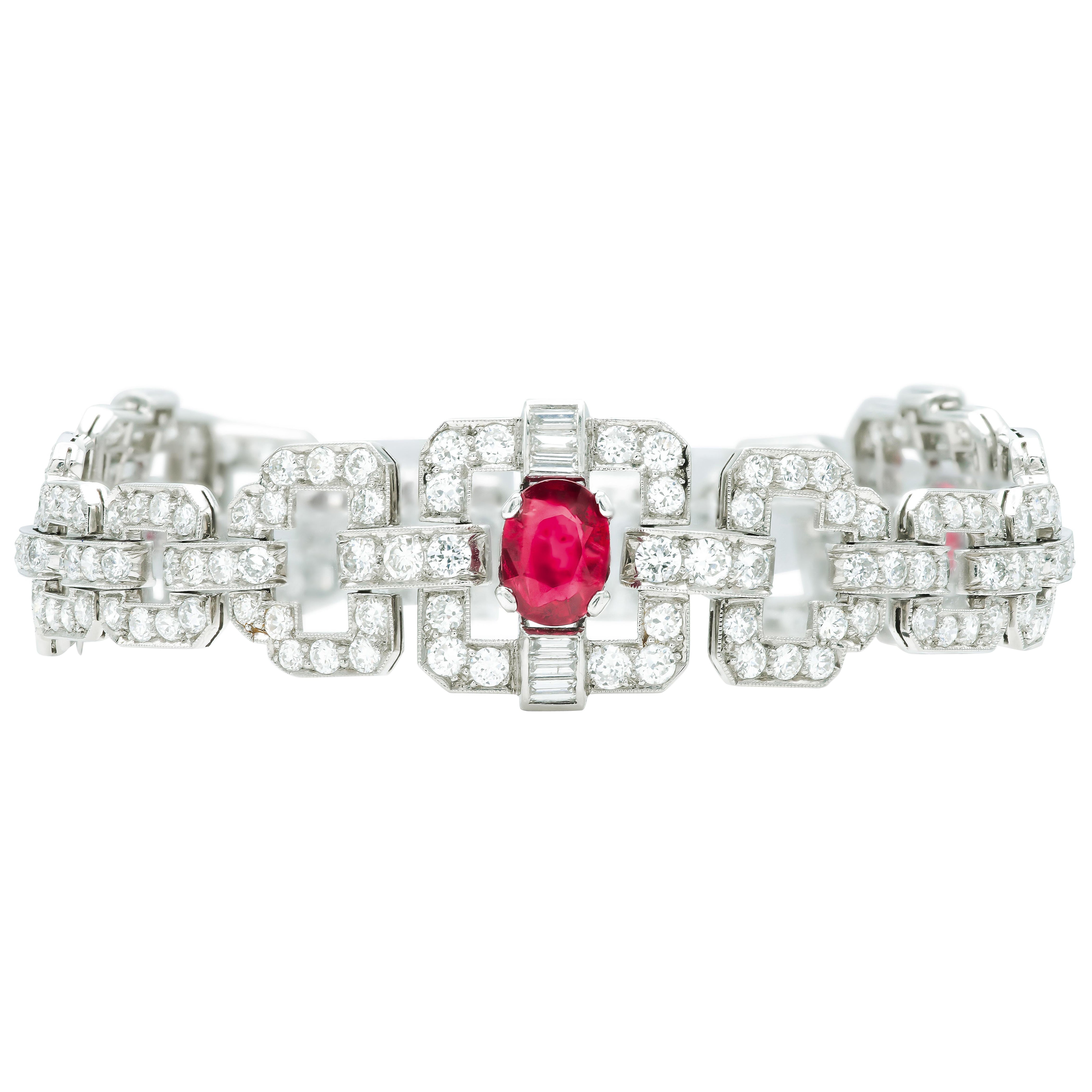 Antique Art Deco 1930s 2.00 Carat Burma Rubies and 13.00 Carat Diamonds Bracelet For Sale
