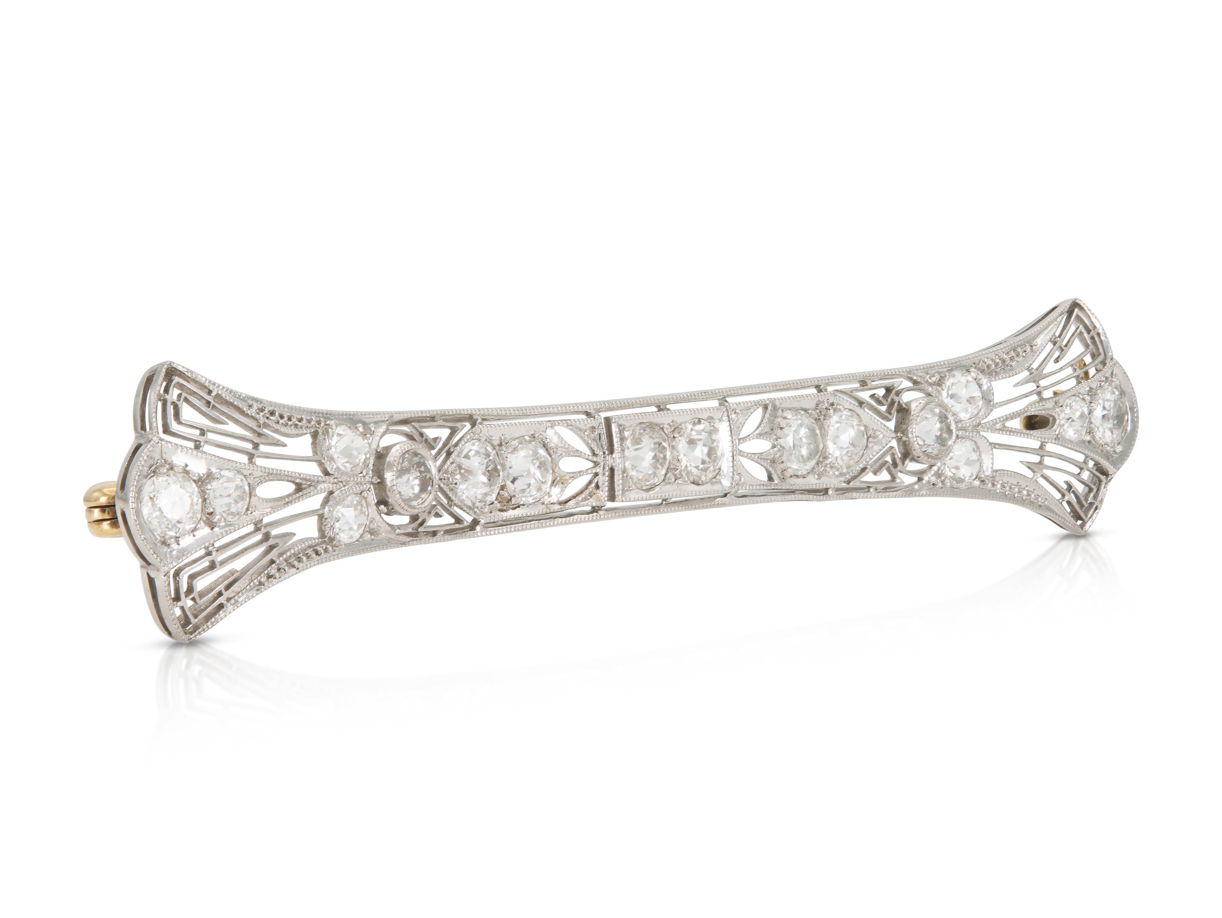 Finely crafted in 18k white and yellow gold with Old European cut Diamonds weighing approximately a total of 2.00 carats.
Circa 1930s
4 1/8 x 1/4 - 5/8 inch