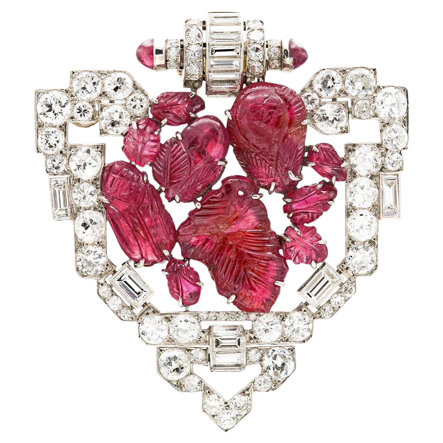 Antique Art Deco 1930s 20.00 Carat Carved Ruby and 9.00 Carat Diamond Brooch