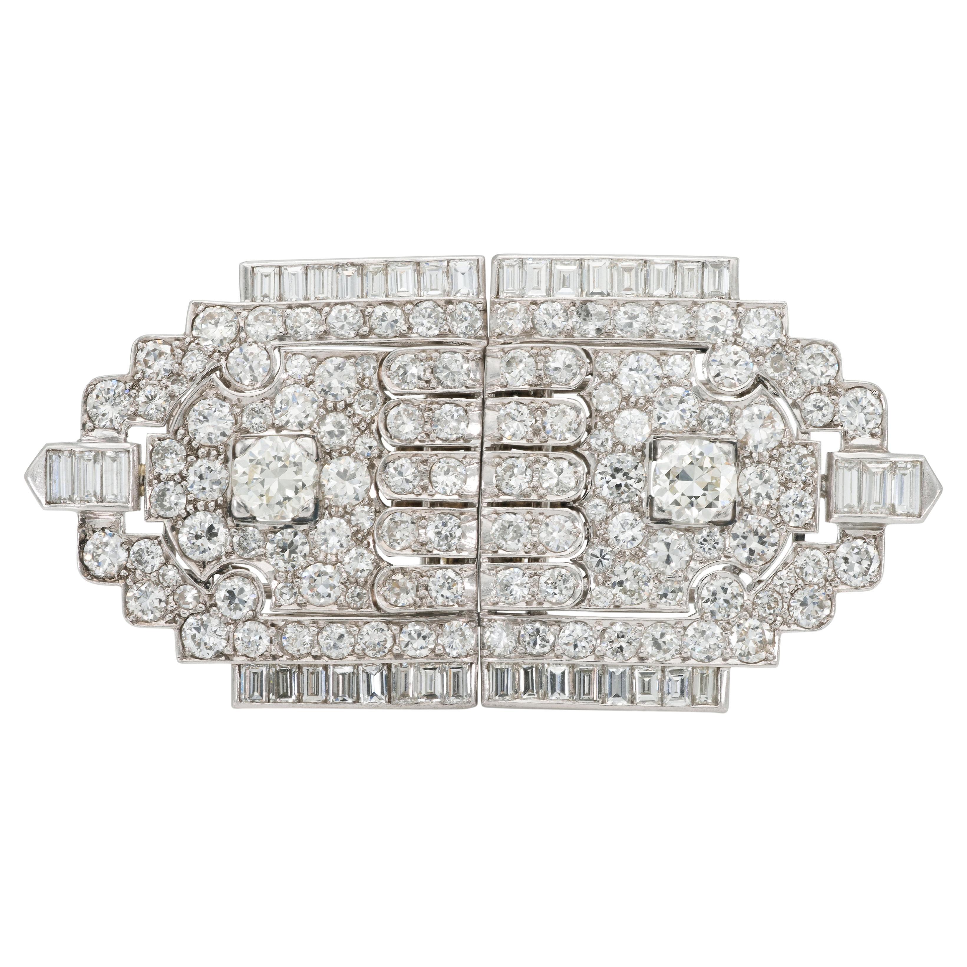 Antique Art Deco 1930s 22.00 Carat Diamond Double Clip Brooch