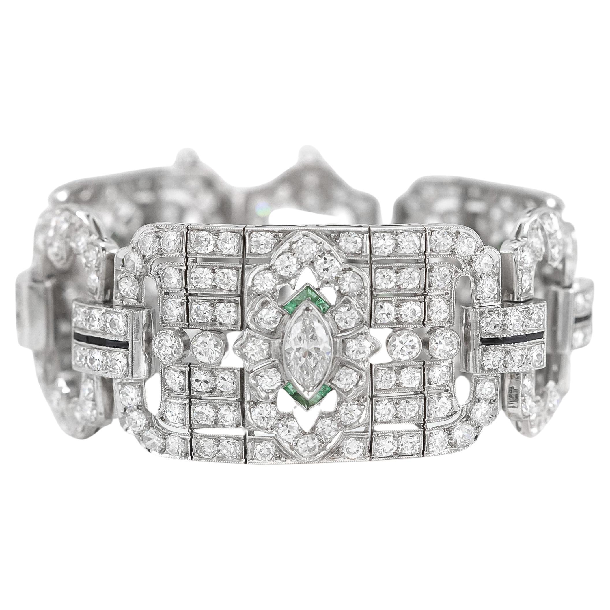 Antique Art Deco 1930s 22.00 Carat Diamond Wide Bracelet with Emerald and Onyx