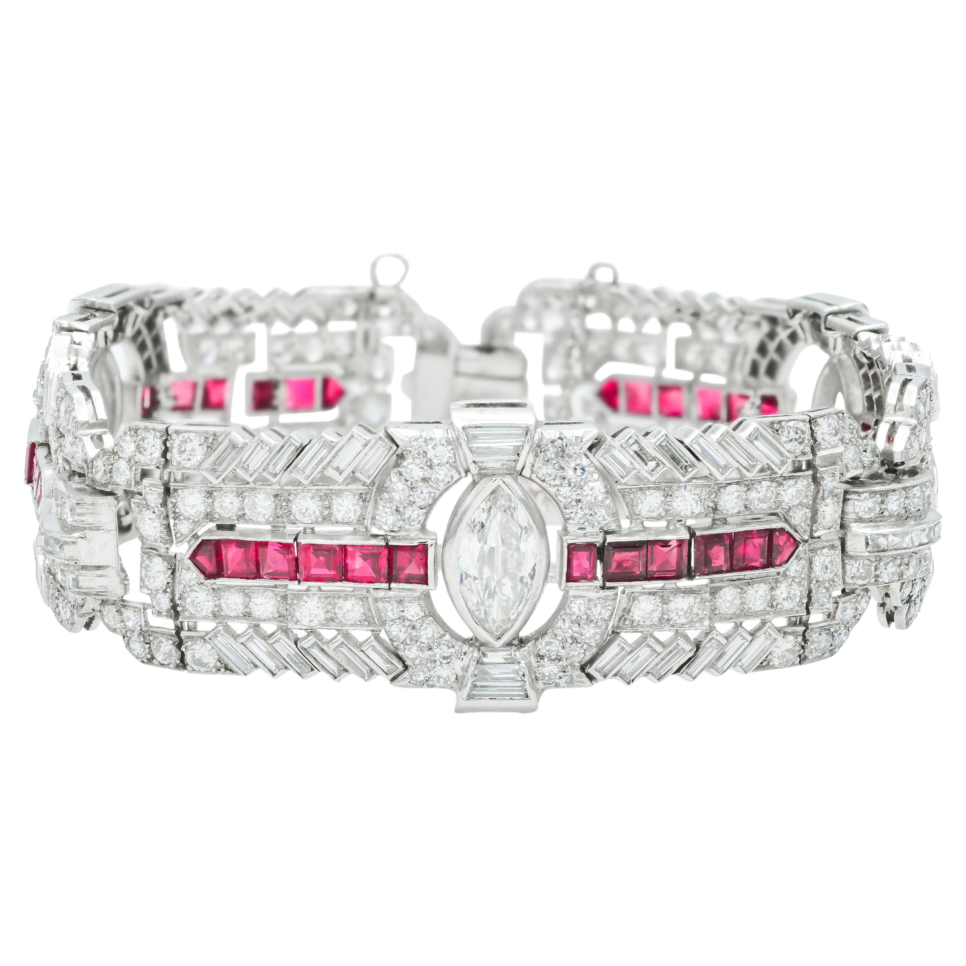 Antique Art Deco 1930s 24.25 Carat Diamond and 6.00 Carat Rubies Bracelet For Sale