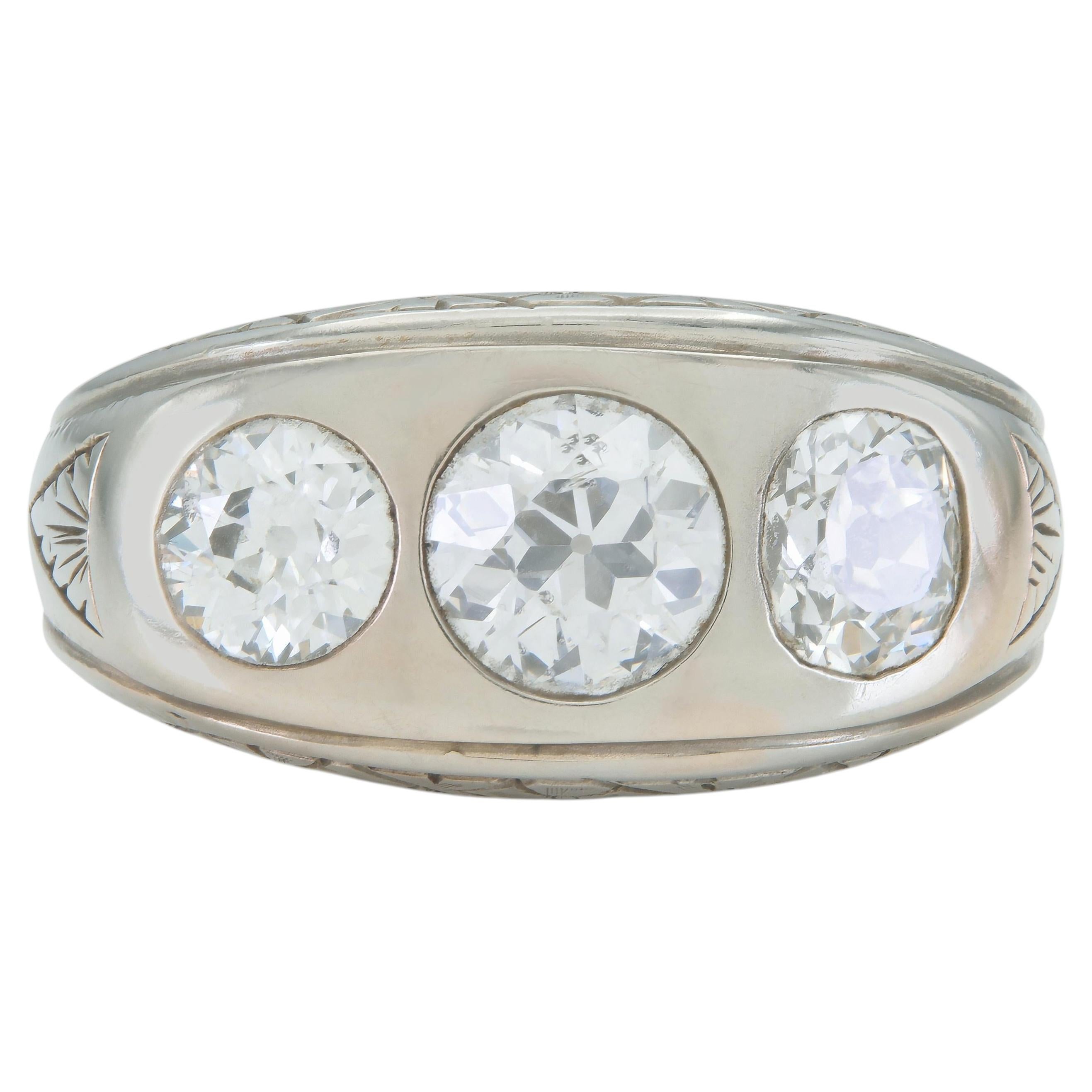 Antique Art Deco 1930s 2.60 Carat Diamond Three-Stone Gypsy Ring For Sale