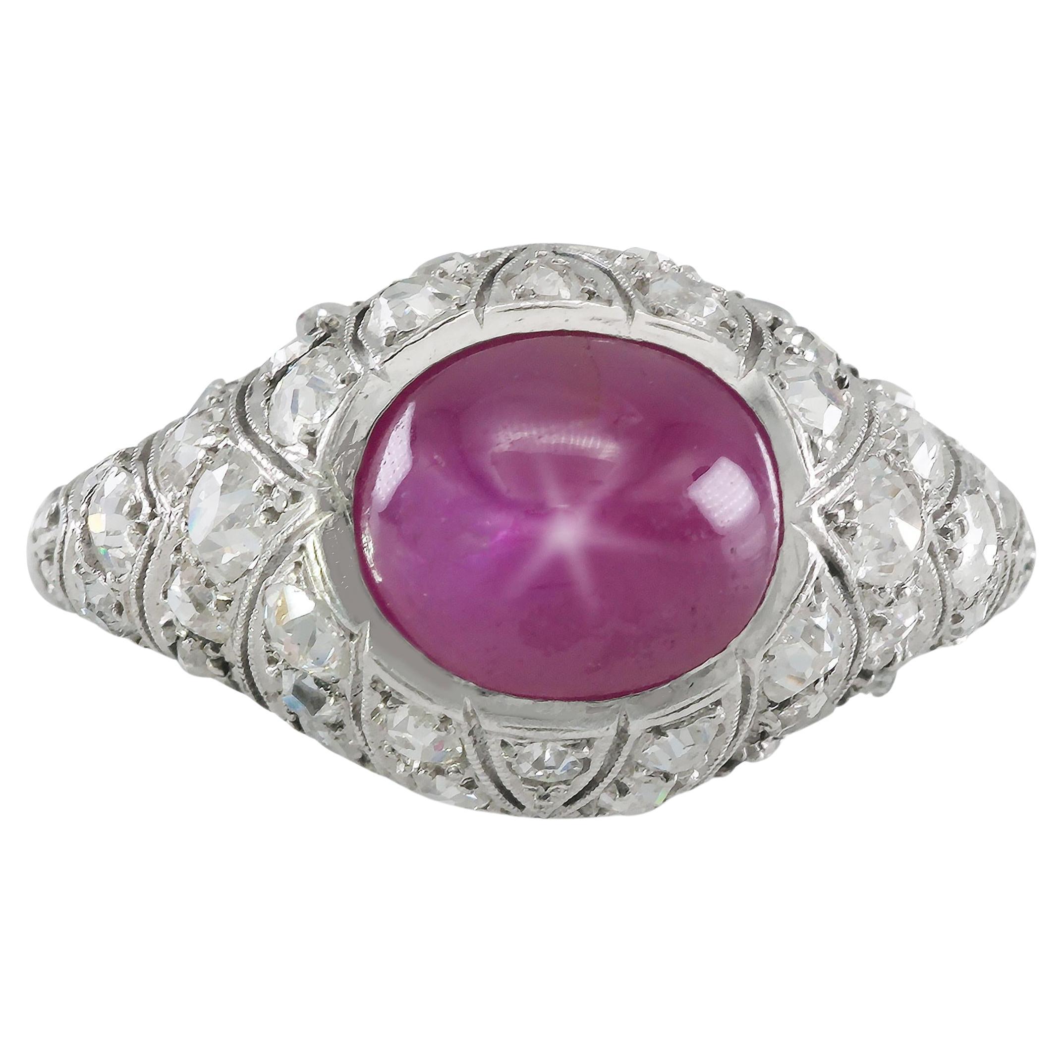 Antique Art Deco 1930s 3.00 Carat Star Ruby Ring with Diamonds