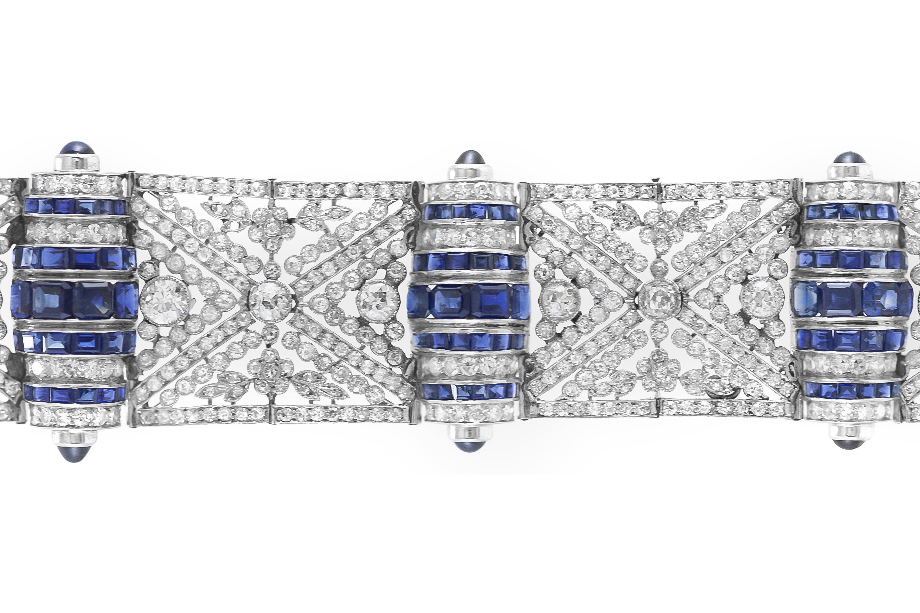 Old European Cut Antique Art Deco 1930s 30.00 Carat Diamond and 20.00 Carat Sapphire Bracelet For Sale