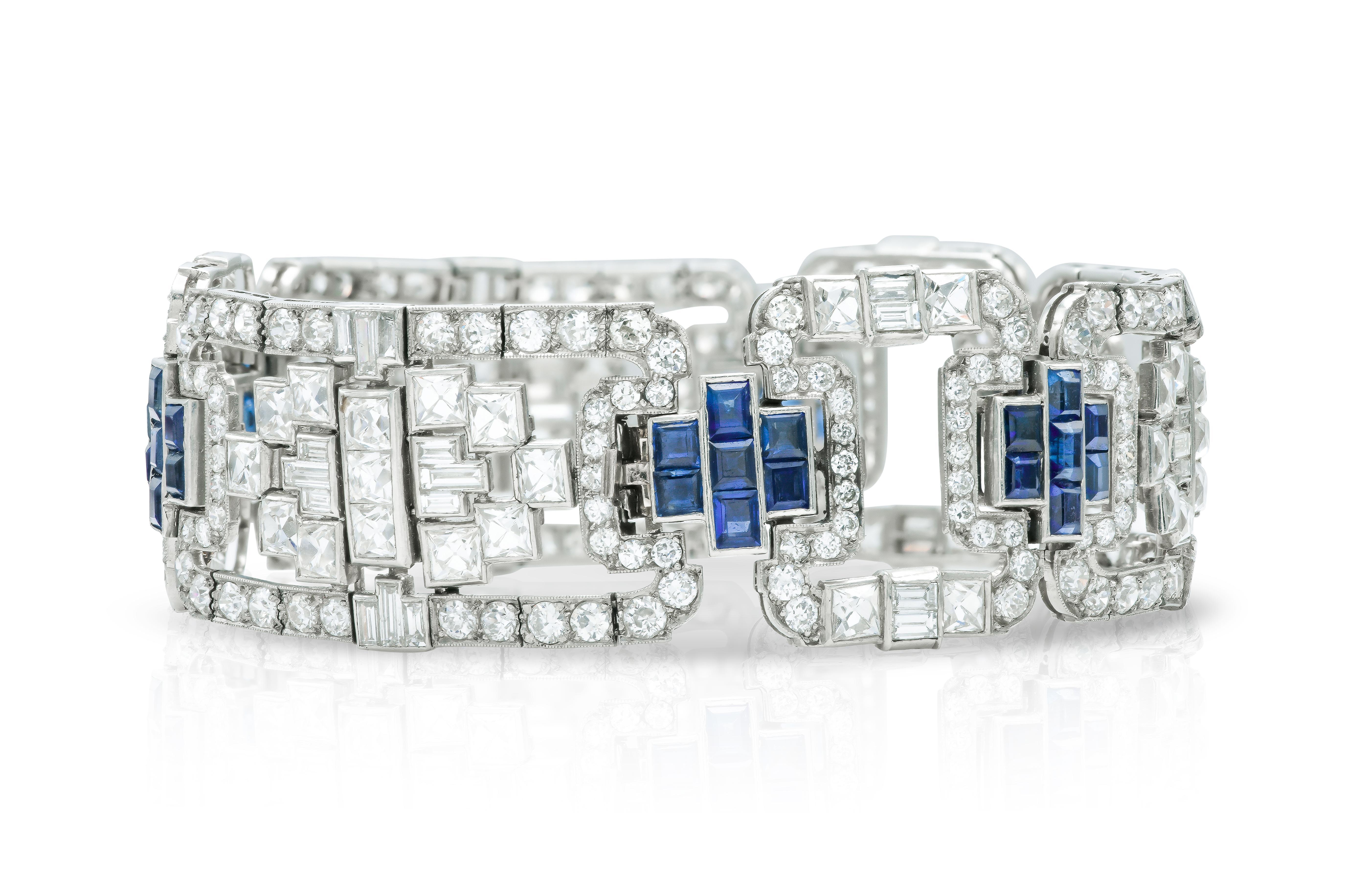 Taille vieille Europe Bracelet ajouré Art déco des années 1930 avec diamants et saphirs de 30,00 carats en vente