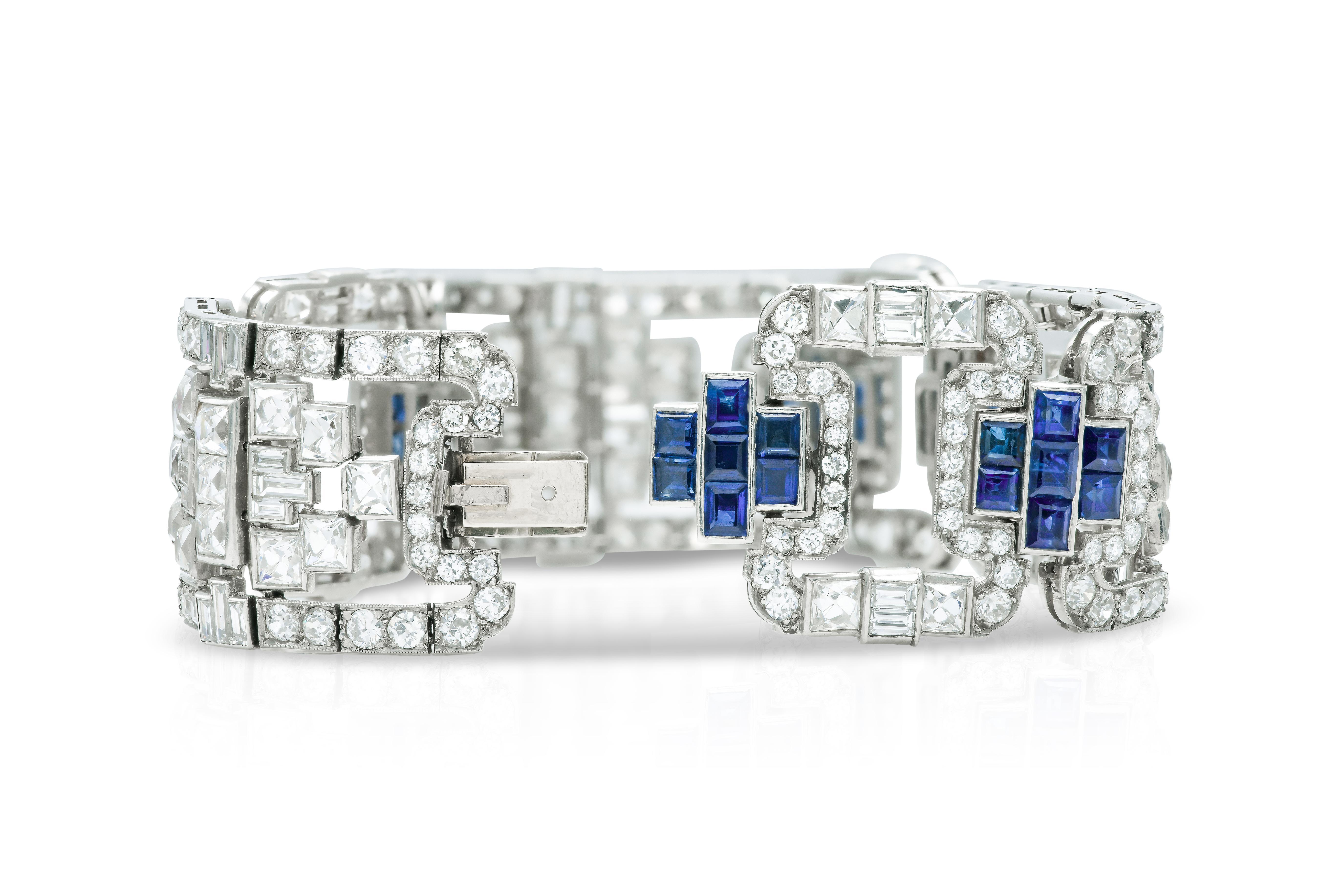 Bracelet ajouré Art déco des années 1930 avec diamants et saphirs de 30,00 carats Bon état - En vente à New York, NY