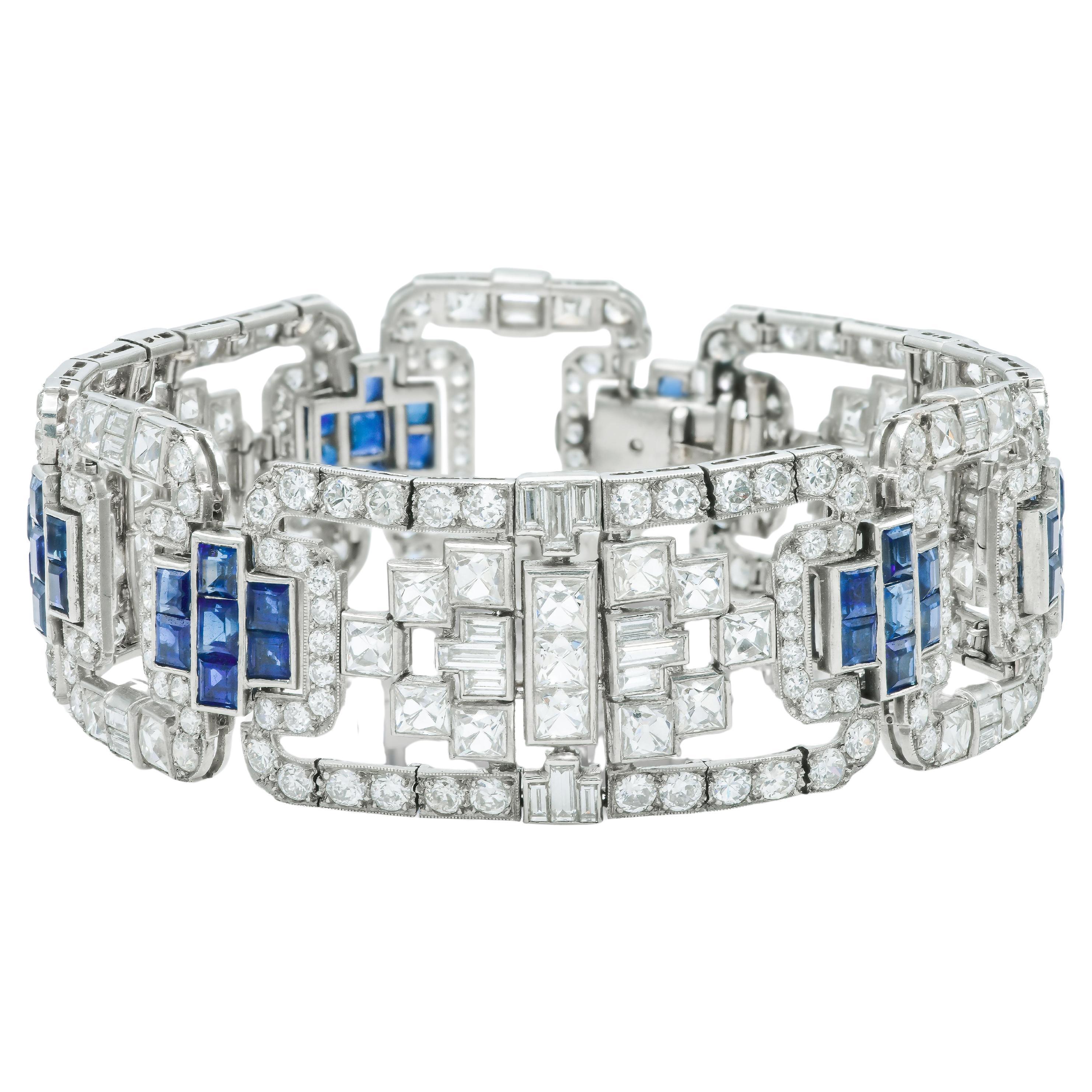 Antique Art Deco 1930s 30.00 Carat Diamond and Sapphire Openwork Bracelet