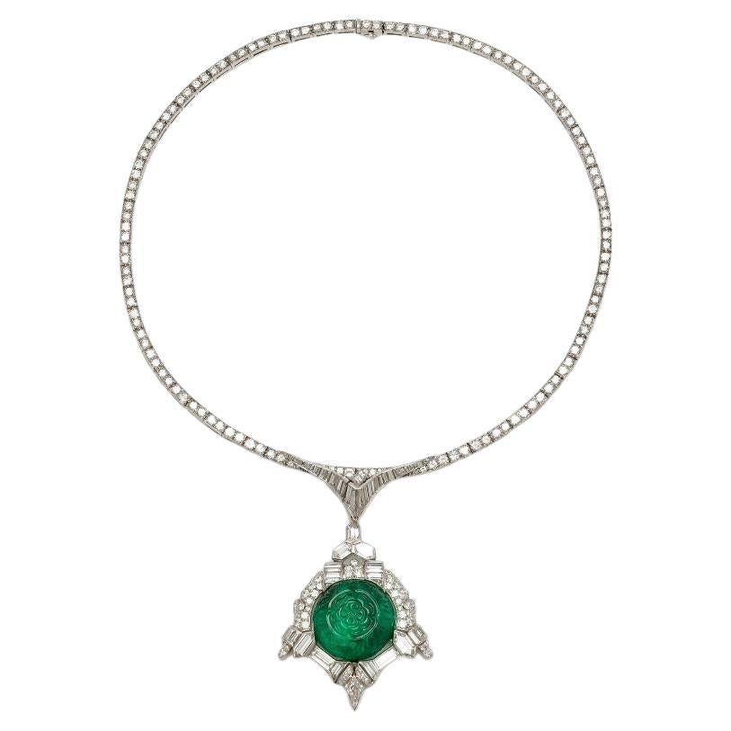 Antique Art Deco 1930s 35.00 Carat Carved Emerald and Diamond Pendant Necklace For Sale