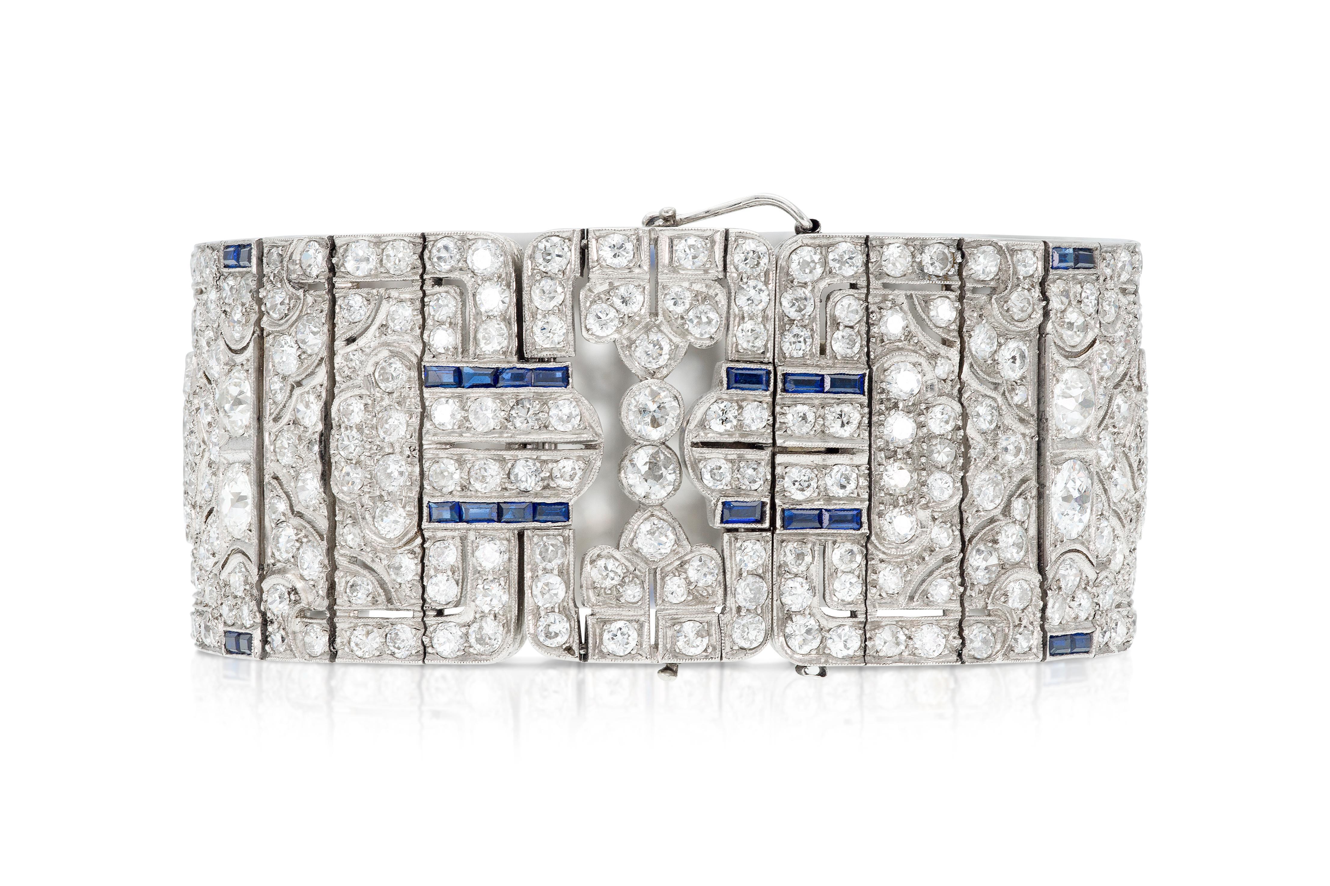 Antique Art Deco 1930s 39.50 Carat Old European Cut Diamond & Sapphire Bracelet In Good Condition For Sale In New York, NY