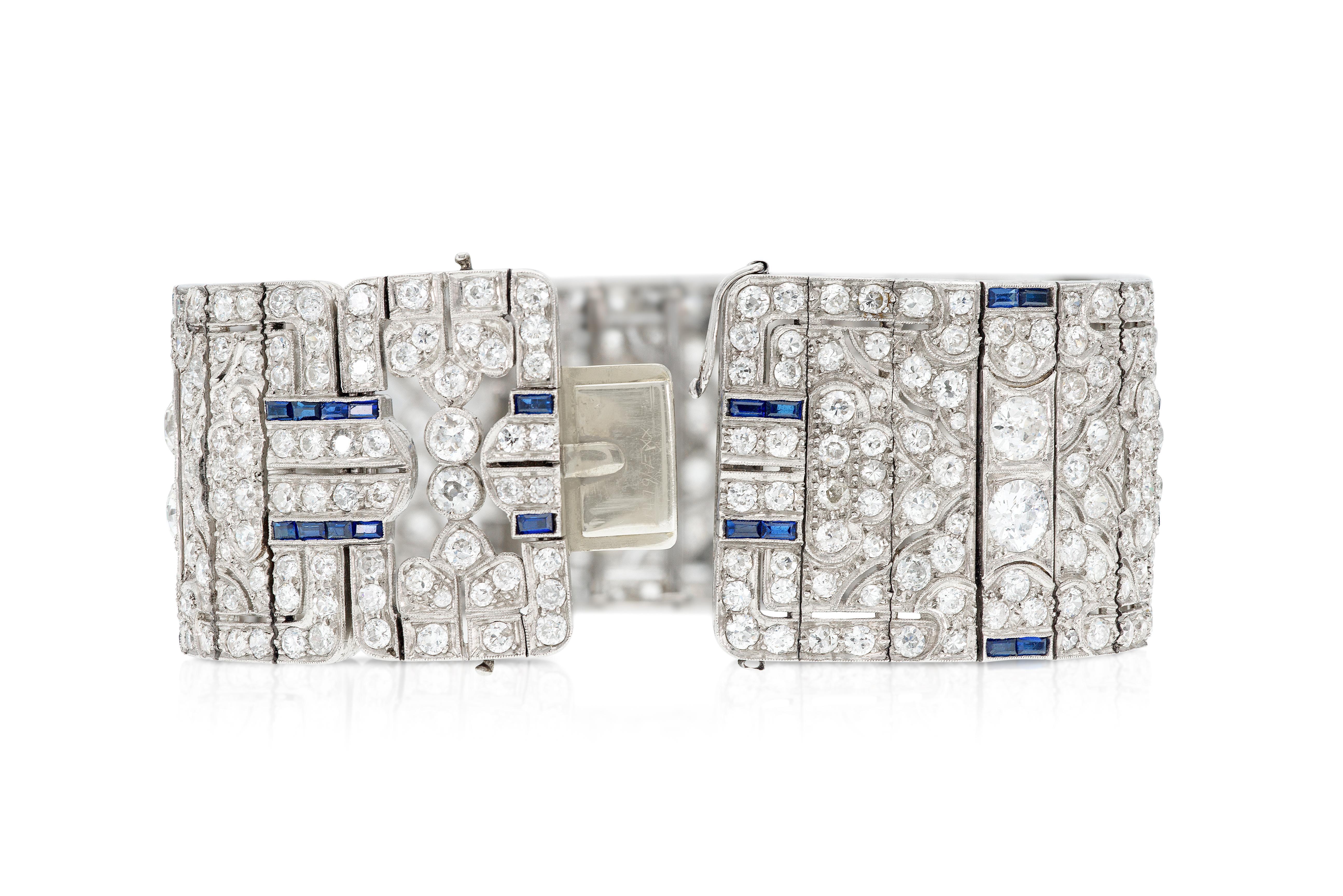 Women's Antique Art Deco 1930s 39.50 Carat Old European Cut Diamond & Sapphire Bracelet For Sale