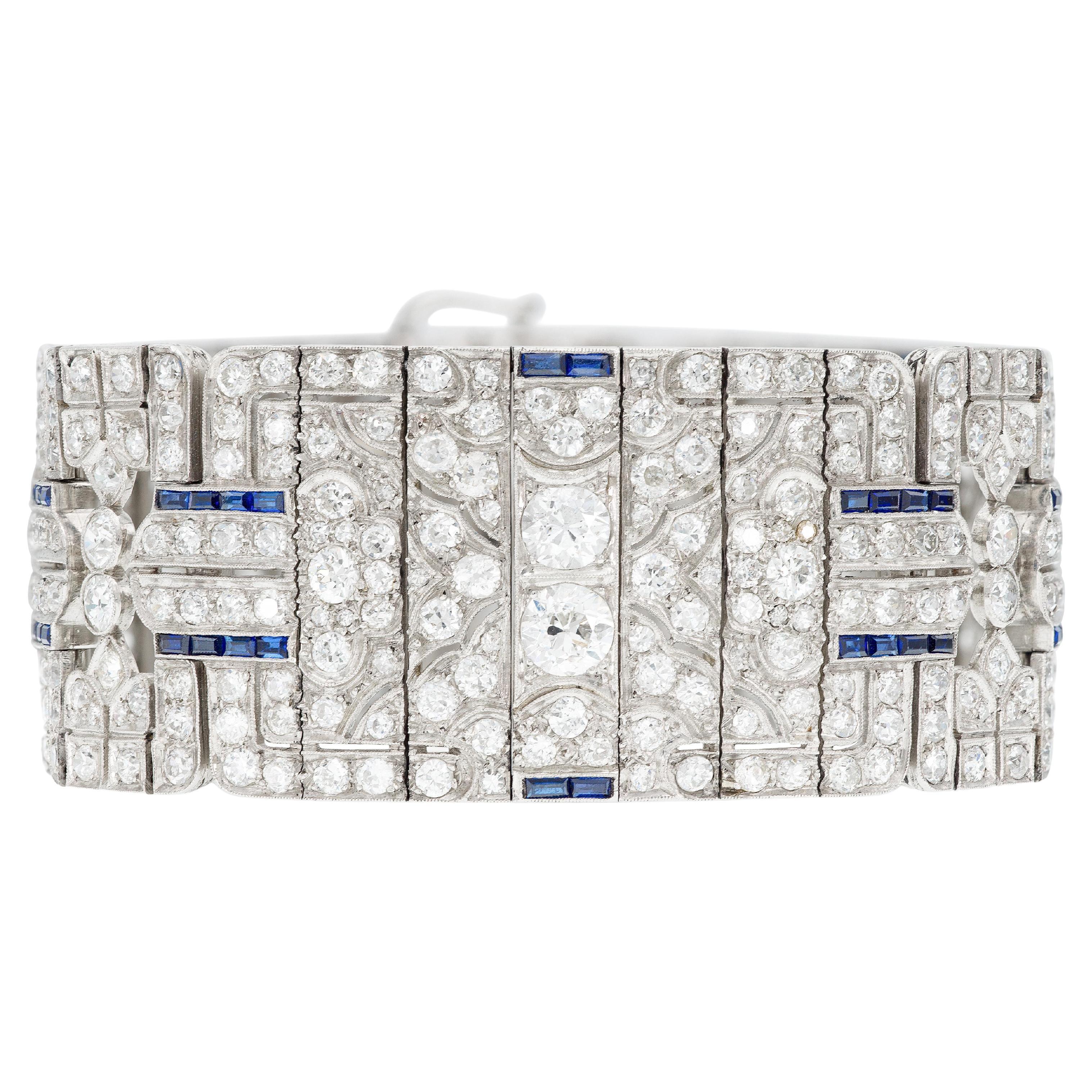 Bracelet Art déco des années 1930 avec diamants et saphirs de taille vieille Europe de 39,50 carats